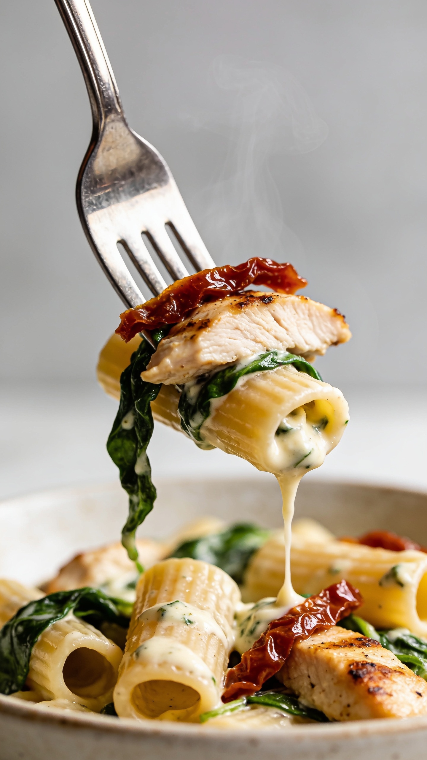 Dynamic action bite: a polished stainless fork lifting the perfect bite of the same Tuscan Chicken Pasta one second before the mouthâone rigatoni tube stuffed with creamy sauce, a tender slice of seared chicken speared with it, a strand of spinach draping over, and a glossy strip of sun-dried tomato clinging to the bite; a delicate strand of creamy sauce stretching and slowly dripping back to the bowl; faint steam visible; background bowl remains consistent with hero styling; bright natural light, shallow depth of field, no hands visible, food filling 90â95% of frame, rich textures and vibrant colors emphasized.