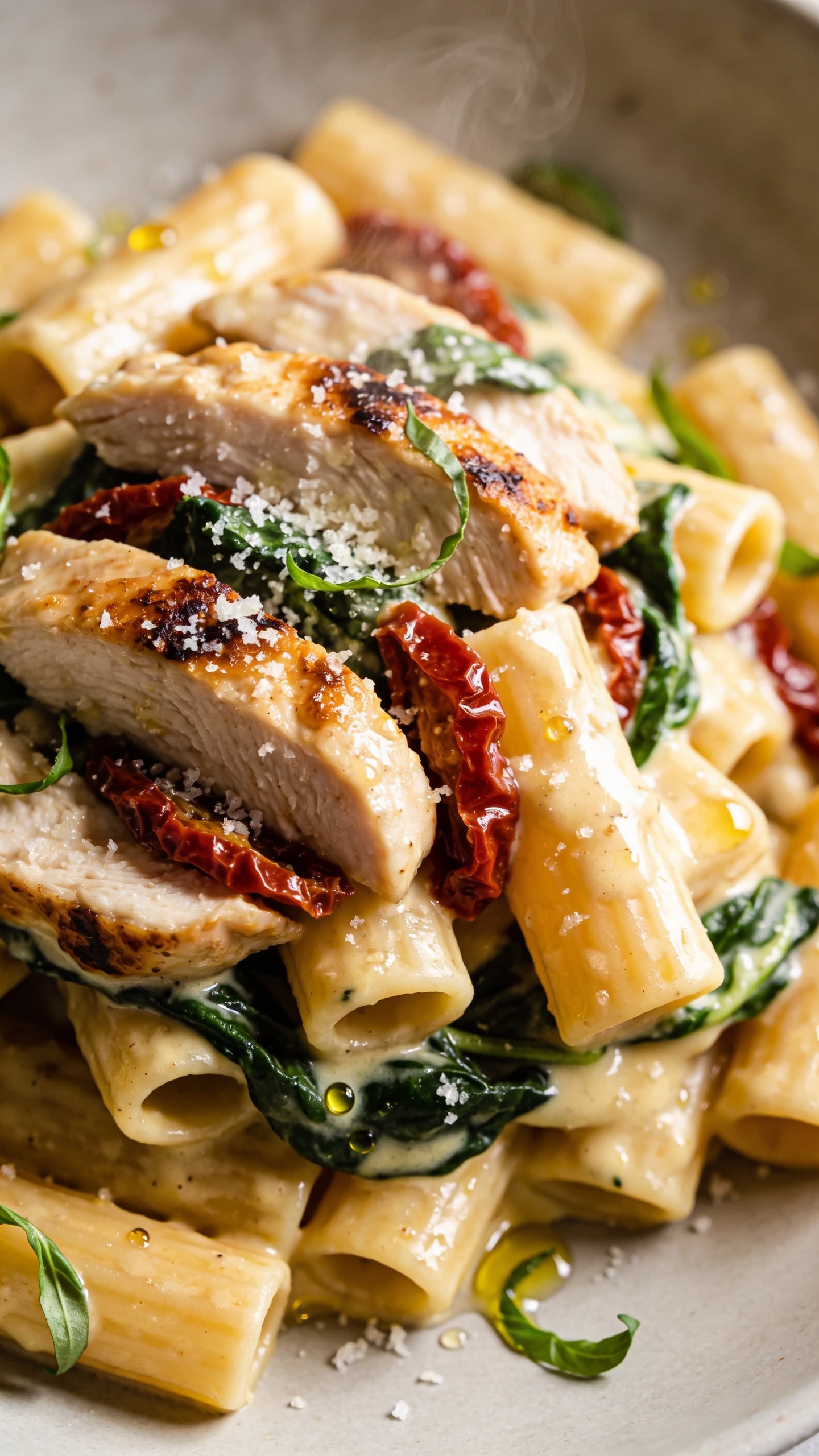 Extreme close-up angle from slightly overhead: the same finished Tuscan Chicken Pasta swirled into a tight mound, showing creamy sauce sheen on rigatoni, caramelized edges on sliced chicken, ruby sun-dried tomato slivers tucked between pasta, emerald spinach leaves folded through; micro-grated Parmesan melting into the sauce with a few visible crystals, tiny droplets of infused oil catching the light; a few basil ribbons scattered; bright natural lighting, shallow depth of field, subtle steam, neutral background blur, food filling 90â95% of frame, premium restaurant-level finish.