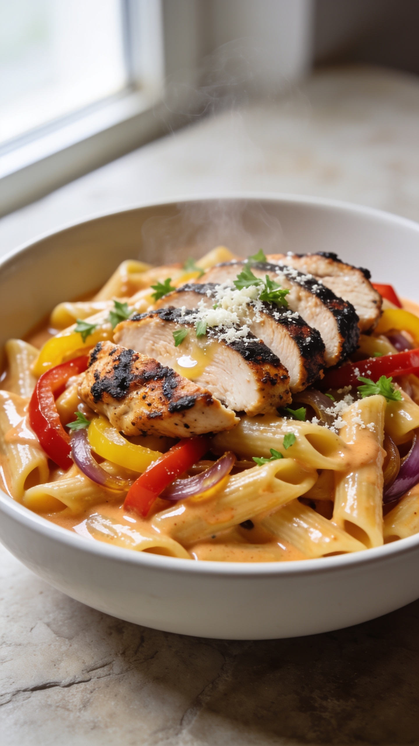 Hero image: Ultra close-up of a bowl of High Protein Cajun Chicken Pasta, filling 90–95% of the frame. Al dente high-protein penne coated in a glossy, velvety, light-orange Cajun cream sauce; sliced, blackened chicken breast with charred spice edges fanned on top; a few sautéed red and yellow bell pepper strips and caramelized onion slivers tucked among the pasta; a light shower of fresh chopped parsley and a dusting of grated Parmesan melting into the sauce. Bright natural window light from the left, shallow depth of field with the front pasta and chicken in razor focus, background softly blurred. Subtle steam rising, sauce sheen highlighted, no hands, no text, premium food-blog styling on a matte white shallow bowl over a neutral stone surface.