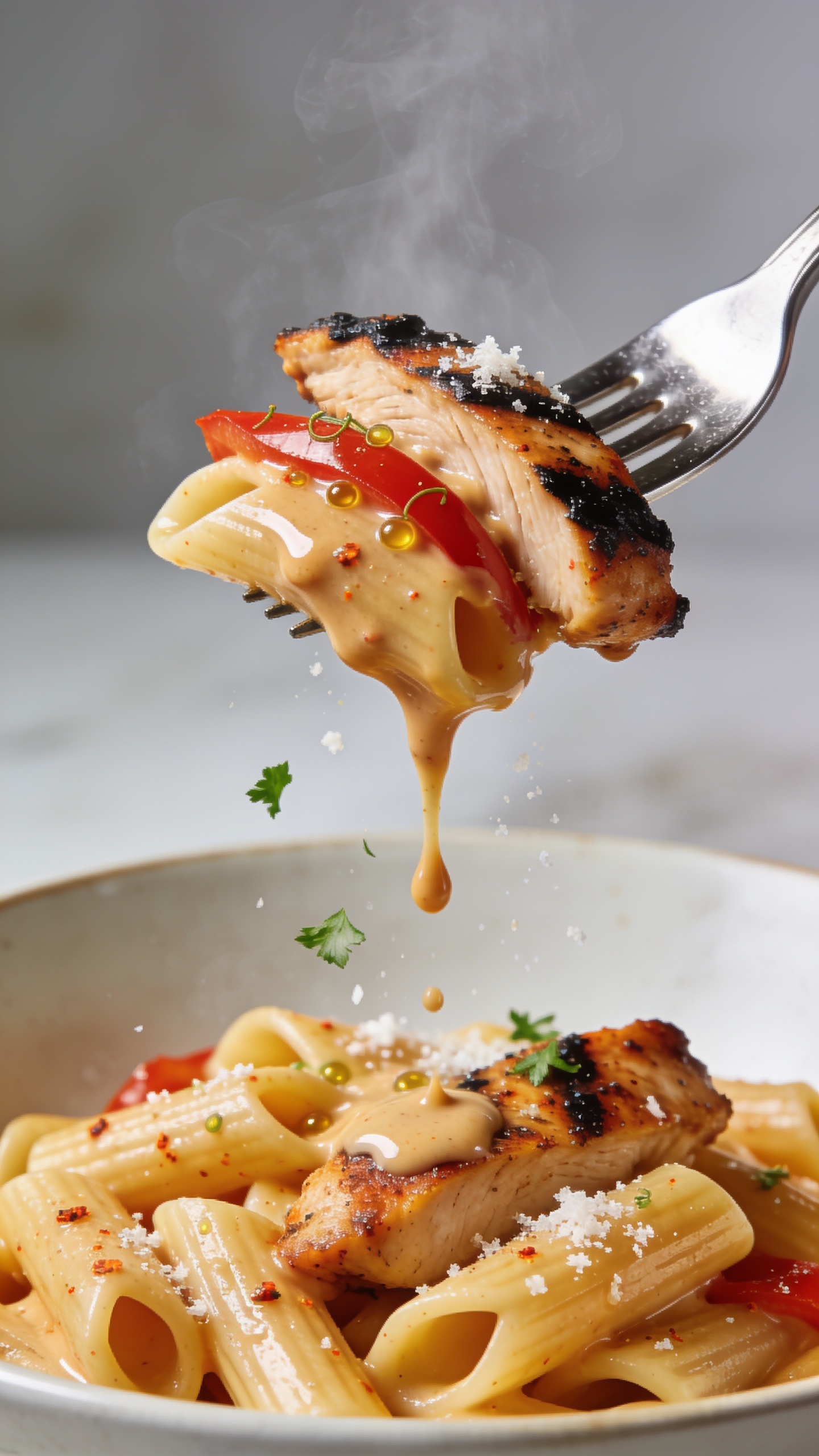 Action bite: Extreme close-up, dynamic food moment. A polished fork lifting the perfect bite of the same Cajun chicken pasta one inch above the bowl—one curved penne tube dripping a glossy ribbon of creamy Cajun sauce, a tender strip of blackened chicken with smoky char, and a sliver of red bell pepper clinging to the pasta. Tiny flecks of Cajun seasoning and micro-beads of sauce glistening; grated Parmesan specks melting; a few parsley bits mid-fall, frozen in motion. Bright natural lighting, shallow depth of field, steamy warmth visible, food fills 90–95% of frame, no hands or faces, just the fork and the irresistibly saucy bite over the matching plated pasta beneath.