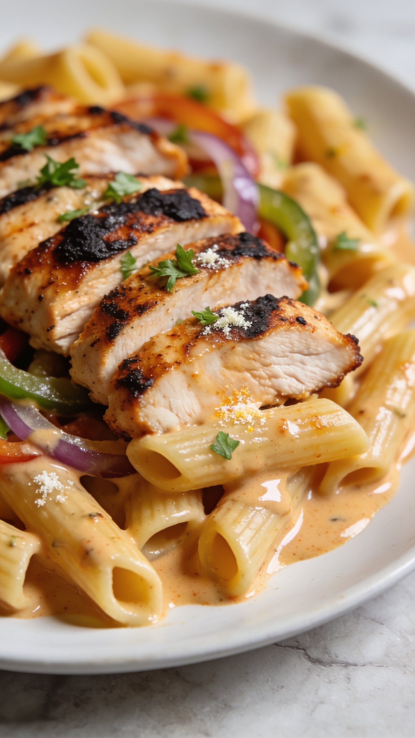 Texture close-up: Tight macro angle from slightly above and to the side, emphasizing saucy gloss and char. The same plated High Protein Cajun Chicken Pasta fills the frame: penne coated in creamy Cajun sauce pooling lightly in the curves, seared chicken slices showing well-defined blackened crust and juicy interior, thin ribbons of sautéed peppers and onions peeking through. Finishing touches include a light sprinkle of chopped parsley and a faint dusting of Parmesan on the warm sauce. Bright natural side light creating highlights on the sauce and crispy edges; shallow depth of field isolates a front cluster of pasta and chicken while the rest gently blurs. No utensils, no hands, premium food-magazine styling on a clean stone background.