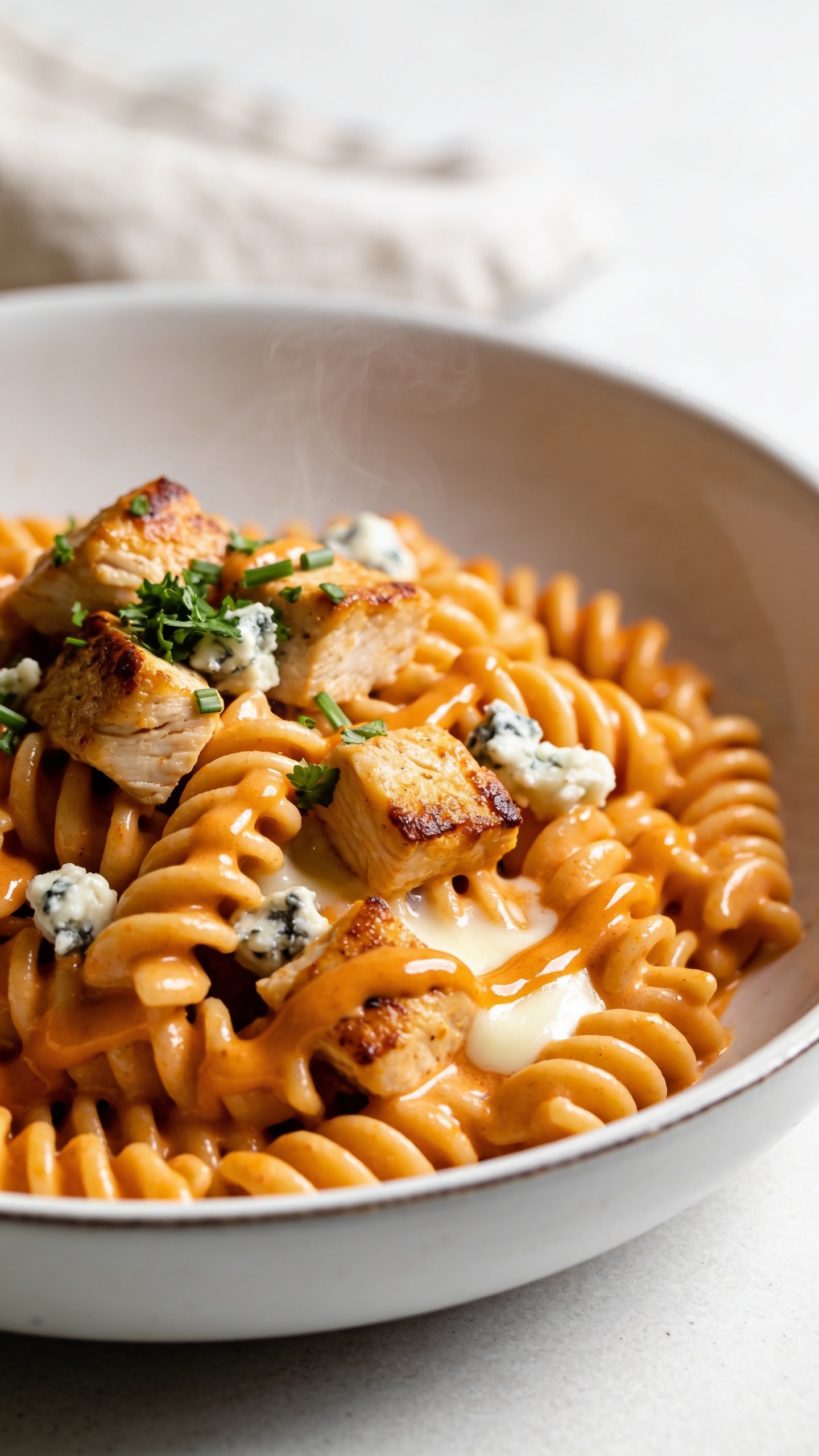 Extreme close-up hero shot of High Protein Buffalo Chicken Pasta: al dente high-protein rotini coated in a glossy, creamy buffalo-cream sauce with a rich orange hue, tender diced chicken breast pieces seared golden at the edges, light mozzarella melt pooling between spirals, a few crumbles of blue cheese, and a sprinkle of finely chopped fresh chives and parsley on top. Small drizzle of buffalo sauce swirled over the pasta for sheen, steam subtly rising. Plated in a matte white shallow bowl with minimal rim, on a light neutral surface. Bright natural side lighting, shallow depth of field, background softly blurred with a hint of a linen napkin. Food fills 90â95% of the frame, textures sharp and irresistible, consistent styling to look premium and modern.