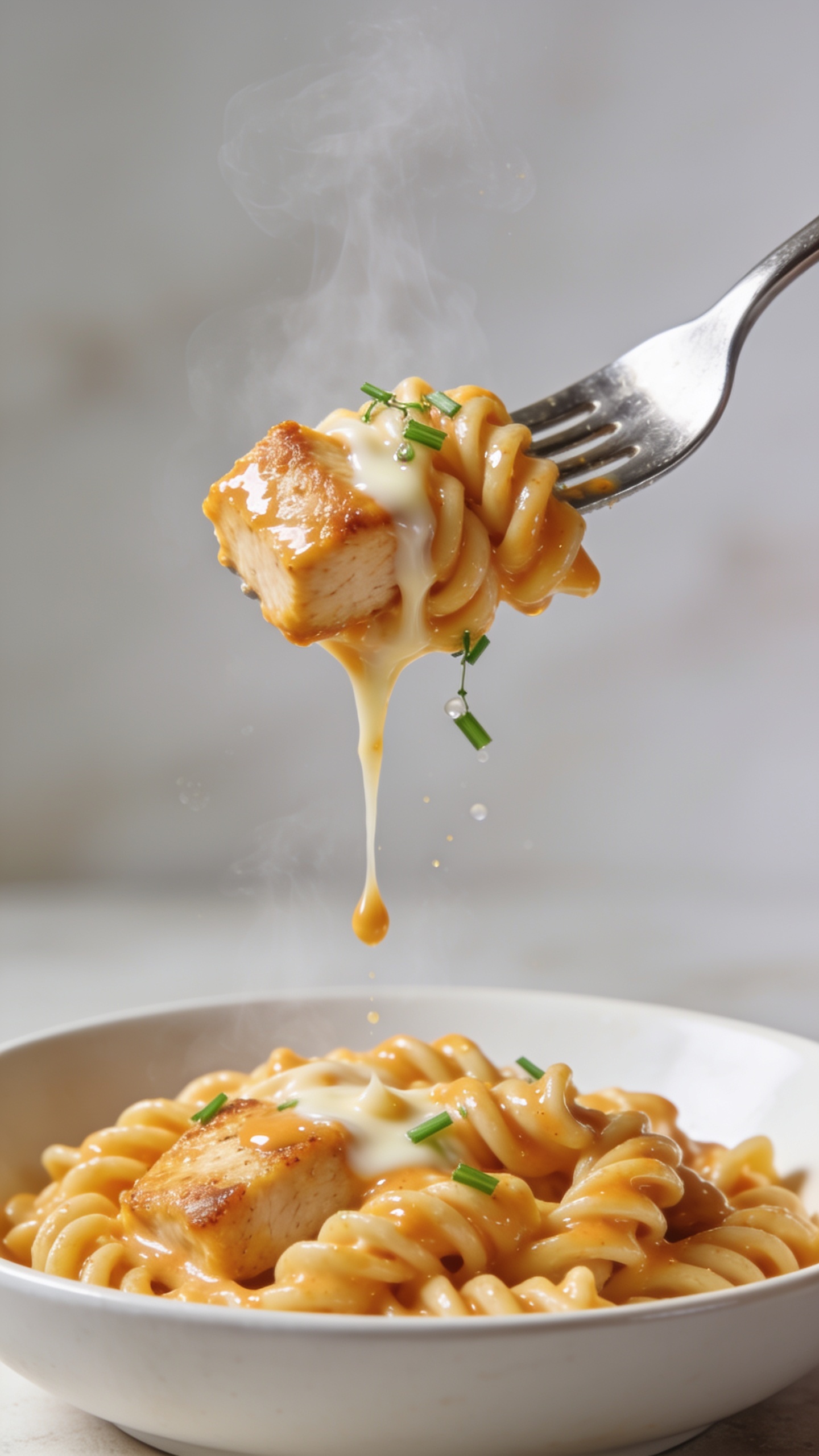 Dynamic action close-up capturing the perfect bite: a polished fork lifting a twirl of rotini coated in glossy buffalo-cream sauce, one juicy cube of golden-seared chicken nestled in the pasta, a light stretch of melted mozzarella trailing from the bowl to the fork, micro-beads of sauce glistening. A few chive bits cling to the bite, with a delicate drizzle thread of buffalo sauce mid-air falling back onto the bowl. Visible steam rising, motion frozen one second before the bite reaches the mouth. Same matte white shallow bowl filled with the same pasta below, bright natural lighting, shallow depth of field, neutral background blur. No hands visible, food dominates 90â95% of the frame.