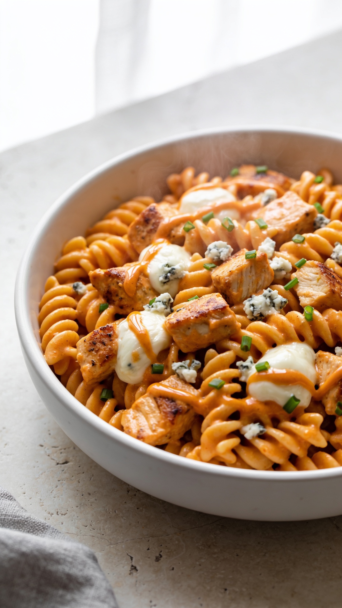 Ultra-close overhead three-quarter angle of the same finished pasta emphasizing saucy richness: rotini tightly packed and evenly coated in creamy orange buffalo sauce, plentiful seared chicken cubes throughout, light mozzarella pockets melted into glossy pools, tiny crumbles of blue cheese and fresh chopped chives scattered for contrast. A faint swirl of extra buffalo sauce lacquered on top for shine, steam gently rising. Same matte white shallow bowl on a pale stone surface with a soft grey linen edge peeking into the corner. Bright natural window light, shallow depth of field, food filling 90â95% of the frame with crisp, mouthwatering textures.
