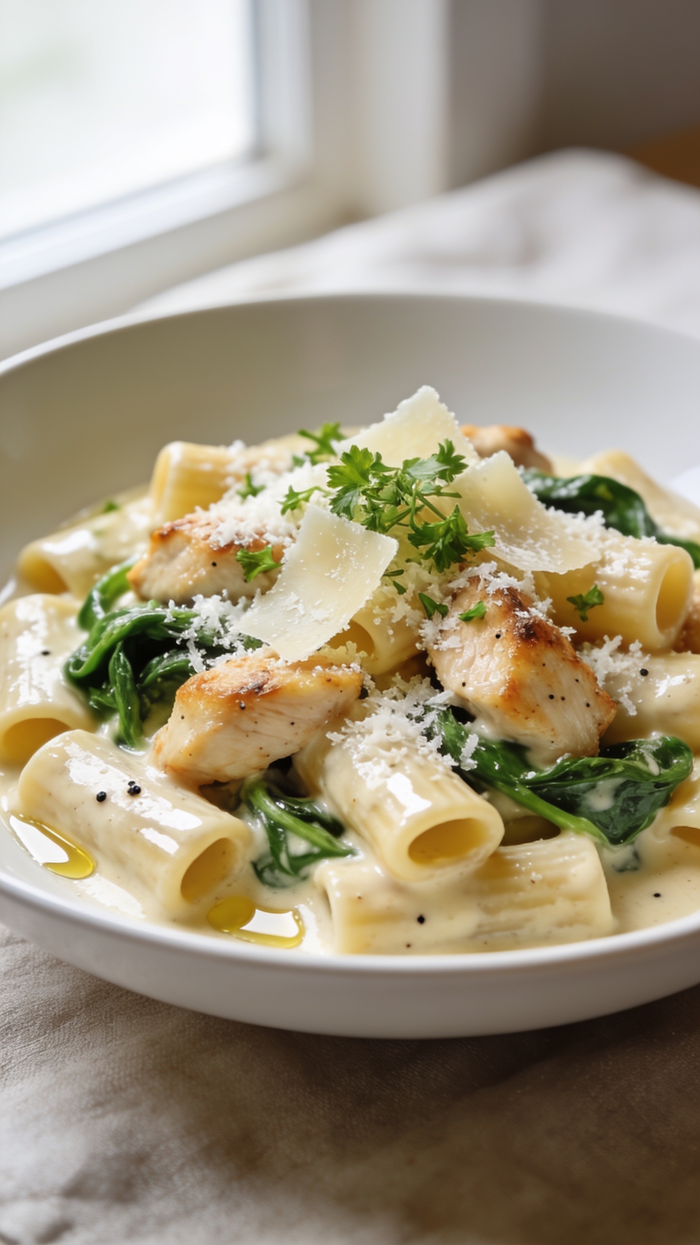 Ultra-close hero shot of High Protein Chicken Spinach Parmesan Pasta: al dente short pasta (rigatoni) coated in a glossy, velvety Parmesan cream sauce, loaded with juicy golden-seared chicken bites, ribbons of just-wilted bright green spinach folded throughout, and a final shower of finely grated Parmesan and micro-chopped fresh parsley. A few larger Parmesan shavings nestle on top, tiny flecks of black pepper visible, light sheen of olive oil glistening. Served in a wide, shallow white bowl, food filling 90â95% of frame. Bright natural window light from the side, shallow depth of field, blurred neutral linen backdrop, premium food-blog styling with warm, creamy tones.