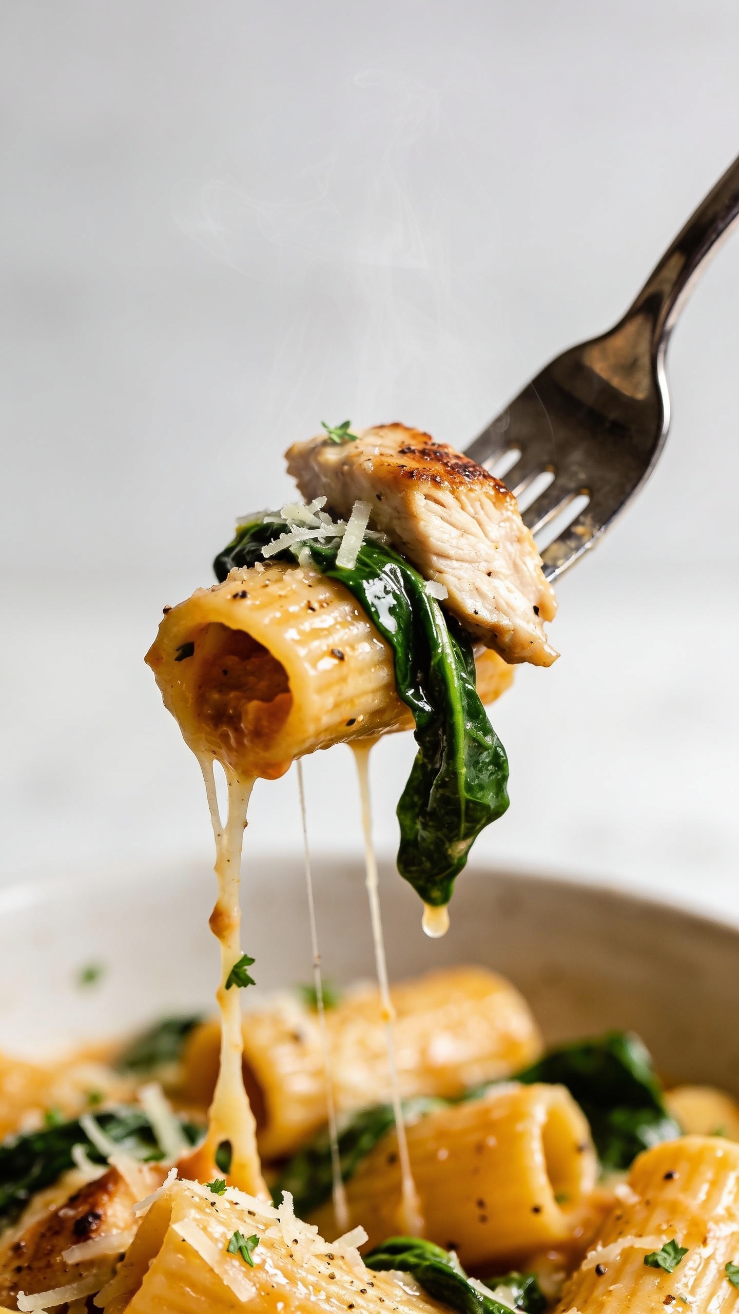 Dynamic action close-up: a polished fork lifting the perfect bite of the same pasta one second before the mouthâone rigatoni tube stuffed with sauce, a tender chunk of seared chicken, a glossy ribbon of spinach draped around it, strands of melted Parmesan stretching from the bowl to the fork. Steam faintly rising, micro droplets of sauce clinging, tiny parsley flecks and cracked pepper speckling the surface. Background bowl of pasta blurred but consistent with the hero image. Bright natural side light, shallow depth of field, food filling 90â95% of the frame, no hands or people visible.