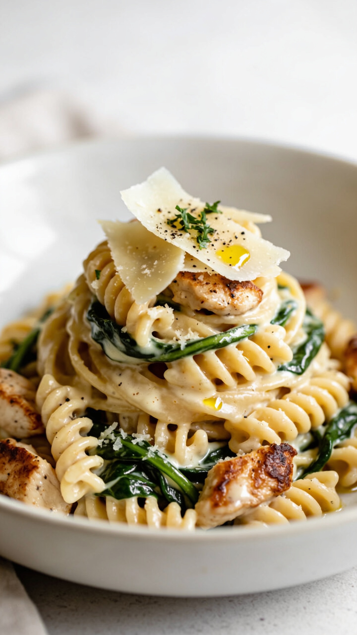 Extreme close-up from a low 45-degree angle of the same finished pasta twirled into a high mound in the shallow white bowl: creamy Parmesan sauce hugging every rigatoni ridge, browned edges of juicy chicken peeking through, spinach woven in glossy emerald ribbons, a few broad curls of shaved Parmesan melting at the crown. Freshly cracked black pepper and a light sprinkle of finely chopped parsley on top, gentle olive-oil sheen. Bright natural lighting, shallow depth of field, minimal neutral props softly blurred, food occupying 90â95% of the frame, rich textures and craveable gloss.