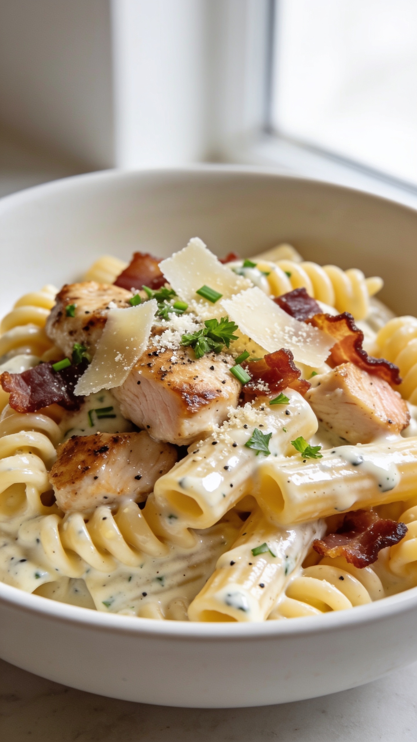 Ultra-close hero shot of High Protein Chicken Bacon Ranch Pasta in a shallow white bowl, 90â95% frame filled with creamy ranch-coated short pasta (rotini or penne), juicy seared chicken bites, and crisp bacon crumbles. Sauce is glossy and clings to every ridge, with tiny flecks of ranch seasoning, black pepper, and finely chopped fresh chives/parsley. Light Parmesan dusting melts into the sauce with a few larger shavings on top. Background softly blurred with bright natural window light from the side, shallow depth of field highlighting the creamy sheen, crisp bacon edges, and tender chicken. Color palette: warm golden pasta, pale creamy sauce, blush-brown chicken, deep mahogany bacon, bright green herbs. Premium food-blog styling; no hands; no text.