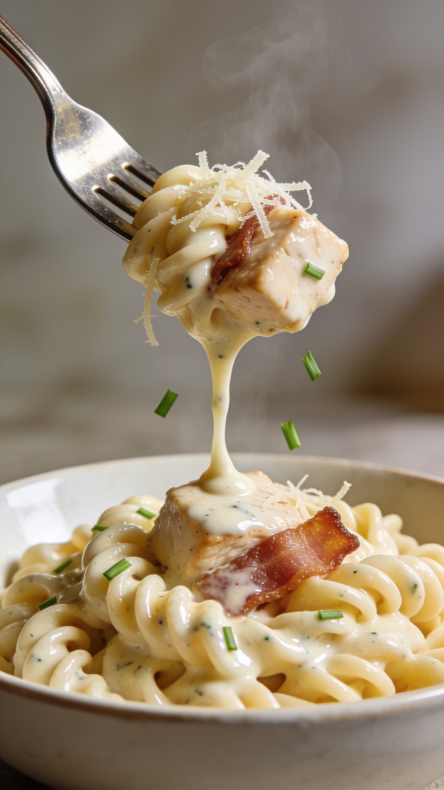 Dynamic action close-up: a polished fork lifting the perfect bite one inch above the bowlâtwirled creamy rotini coated in glossy ranch sauce with a juicy chicken cube and a crispy bacon shard tucked in, delicate Parmesan strands clinging and a few fresh chive bits falling midair. Steam faintly rising, sauce stretching in a silky ribbon from the fork back to the pasta below. 90â95% frame filled with the dish; background softly blurred. Bright natural side light catches the sauce sheen, bacon crispness, and chicken juiciness. Shallow depth of field, premium magazine cover energy, no hands or faces.