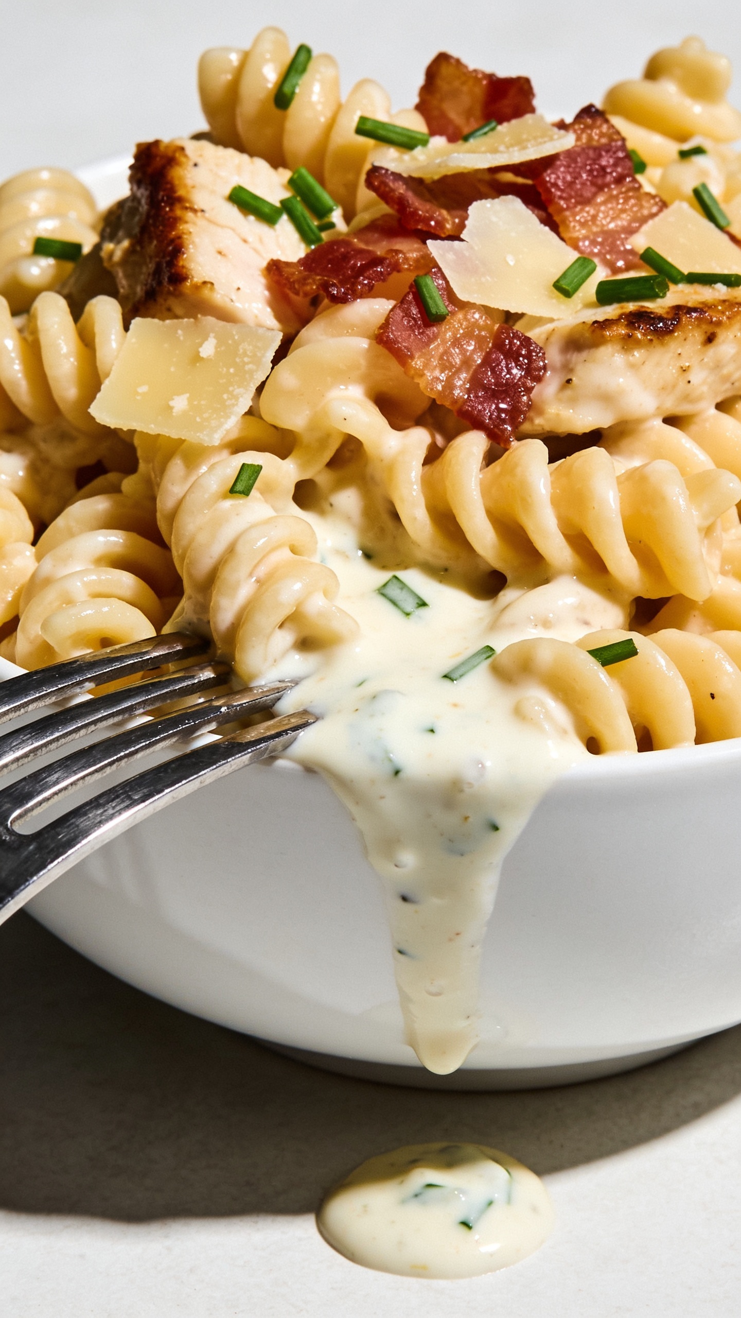Tight macro from a low 3/4 angle focusing on texture: fork resting on the rim of the bowl, tines barely touching pasta while the scene centers on creamy ranch sauce pooling and glistening between ridges of rotini, with browned edges of chicken peeking through and shards of ultra-crispy bacon scattered on top. Fresh chives sprinkled, a few larger Parmesan shavings melting at contact. Bright natural lighting with soft shadows, shallow depth of field isolating the glossy sauce and contrasting textures. Consistent styling and ingredients as the other images; 90â95% frame filled with food; clean, modern white bowl; no text or hands.