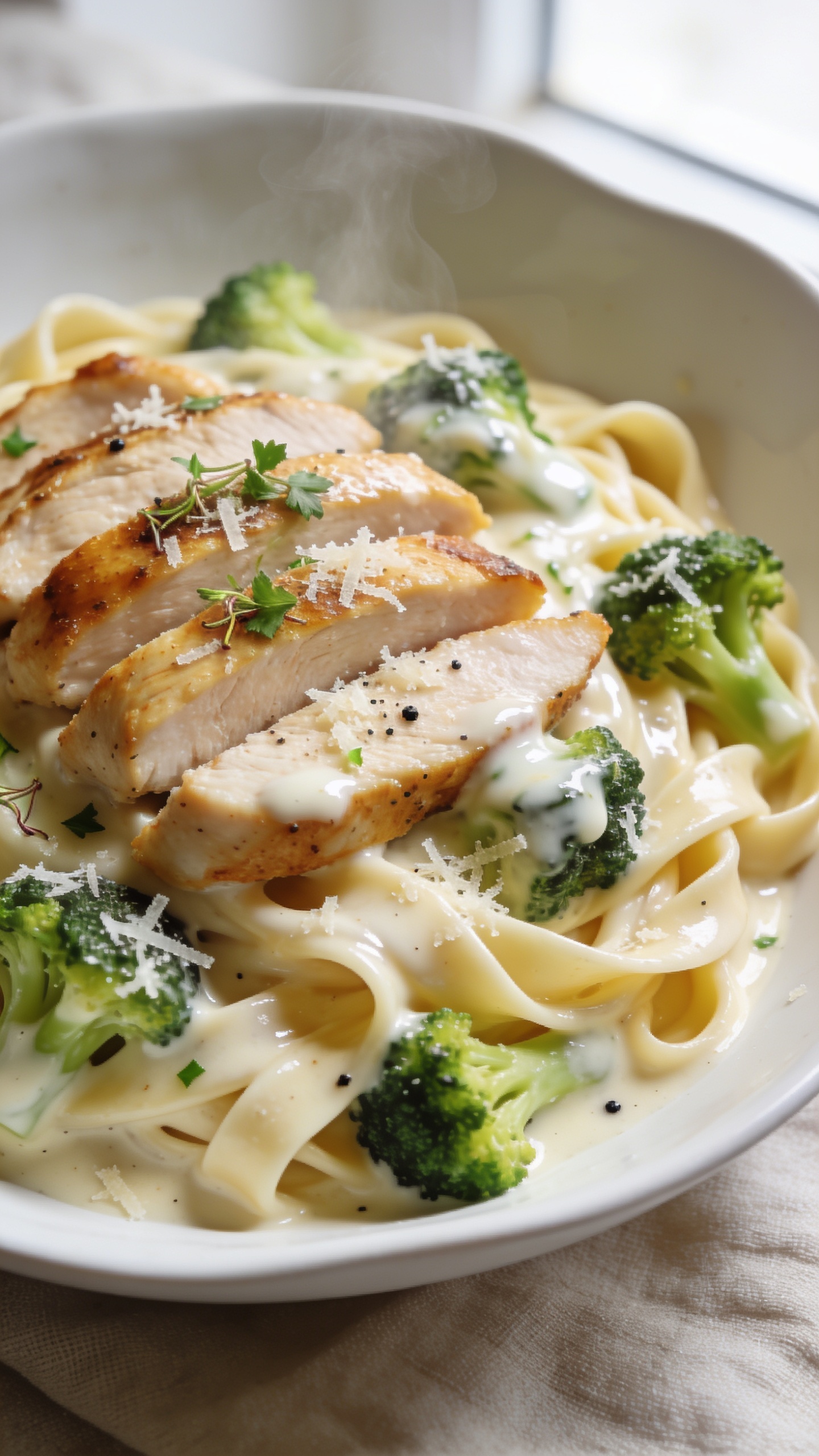 Ultra-close, hero shot of High Protein Chicken Broccoli Alfredo Pasta: al dente high-protein fettuccine ribbons swirled in a glossy, creamy Alfredo made with Parmesan and Greek yogurt, topped with juicy golden-brown sliced chicken breast and vibrant crisp-tender broccoli florets, tiny flecks of black pepper and micro-grated Parmesan clinging to the sauce, a light sprinkle of fresh chopped parsley, subtle steam rising. Shot in bright natural window light, shallow depth of field, food filling 90–95% of frame, white ceramic shallow bowl on a neutral linen, highlights catching the silky sauce and moist chicken.
