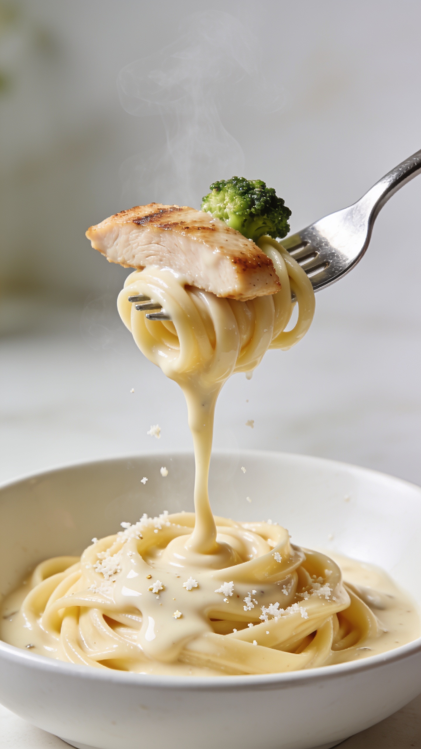 Irresistible action bite: a polished stainless fork lifting the perfect twirl of saucy high-protein fettuccine with one juicy slice of seared chicken and a small broccoli floret, Alfredo sauce glossy and gently dripping back into the bowl in a slow ribbon, steam faintly rising, micro-grated Parmesan specks visible on the sauce. Extreme close-up with shallow depth of field, bright natural lighting, background softly blurred, food filling 90–95% of frame, same white bowl and styling for consistency, movement frozen one second before the bite reaches the mouth, no hands or people visible.