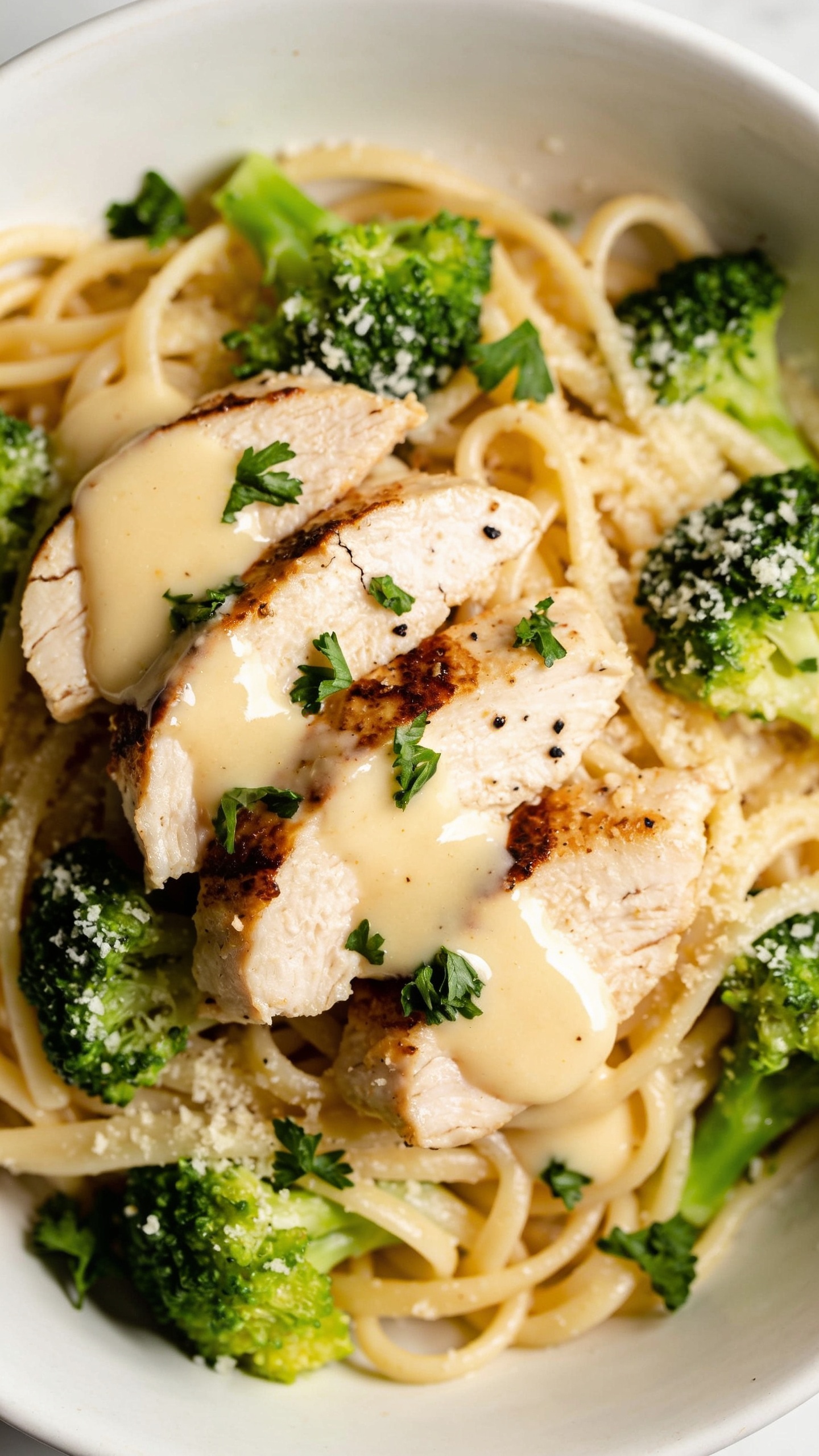 Tactile close-up angle from slightly overhead: the same pasta nestled in the white bowl, sauce gleaming and pooling lightly, chicken slices showing seared edges and juicy texture, broccoli bright green with crisp edges, fresh parsley sprinkled and extra-fine Parmesan dusting the surface, a few cracks of black pepper. Emphasize creamy sheen, tender noodles, and moist chicken; bright natural light, shallow depth of field, minimal props, food filling 90–95% of frame, cohesive with the other images.
