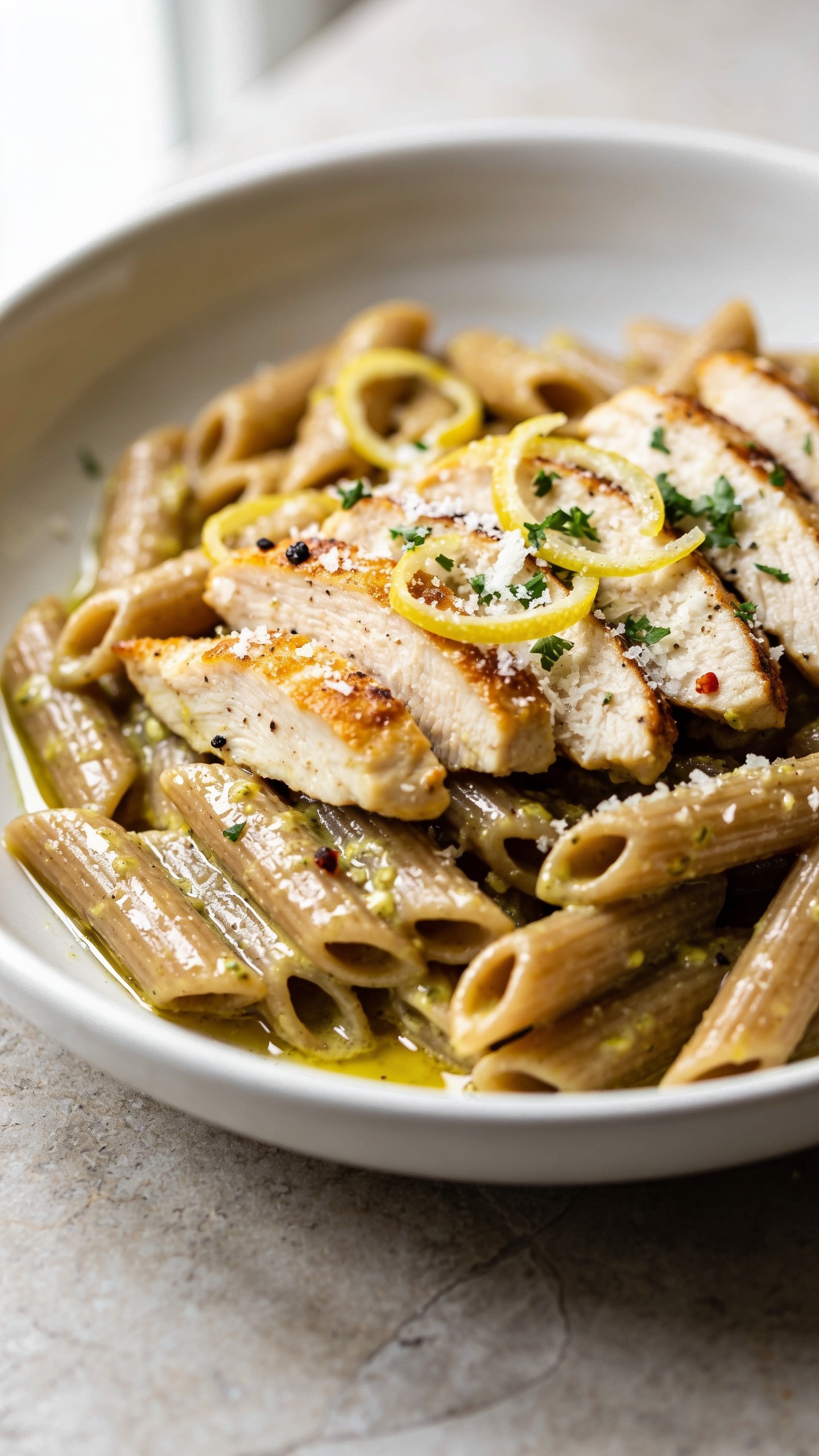 Ultra-close hero shot of High Protein Lemon Garlic Chicken Pasta freshly plated in a shallow white bowl: al dente whole‑wheat penne coated in glossy, silky lemon-garlic sauce with micro-beads of olive oil sheen; seared sliced chicken breast pieces with golden edges nestled throughout; thin lemon zest curls, a light snowfall of freshly grated Parmesan, and finely chopped parsley scattered on top; a few visible flecks of cracked black pepper and red pepper flakes; noodles glistening with emulsified sauce pooling lightly at the base; bright natural window light from the left, soft bounce on the right, shallow depth of field blurring the rim; no hands, no text, tight 90–95% frame fill, premium food-blog styling on a neutral light stone surface.