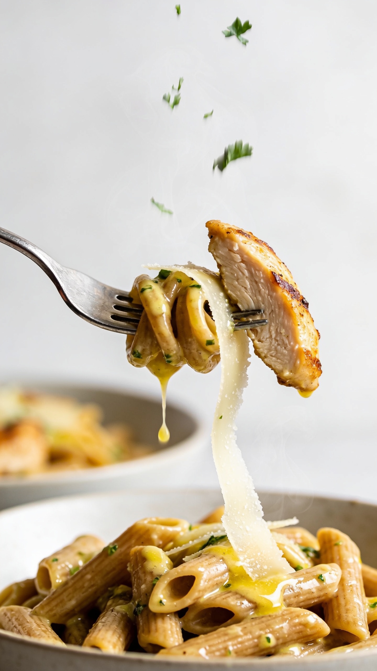 Dynamic action close-up capturing the perfect bite: a polished fork lifting a twirl of whole‑wheat penne slick with glossy lemon-garlic sauce, a juicy slice of golden-seared chicken speared on the tines, a ribbon of Parmesan draped over the pasta, tiny droplets of sauce clinging and about to fall back to the bowl; faint steam rising; a few parsley bits mid-air as if just sprinkled; background shows the same bowl of pasta softly blurred; bright natural light, shallow depth of field, high contrast on the sauce sheen; no hands, only the fork visible; food fills 90–95% of the frame, magazine-cover anticipation one second before the bite.