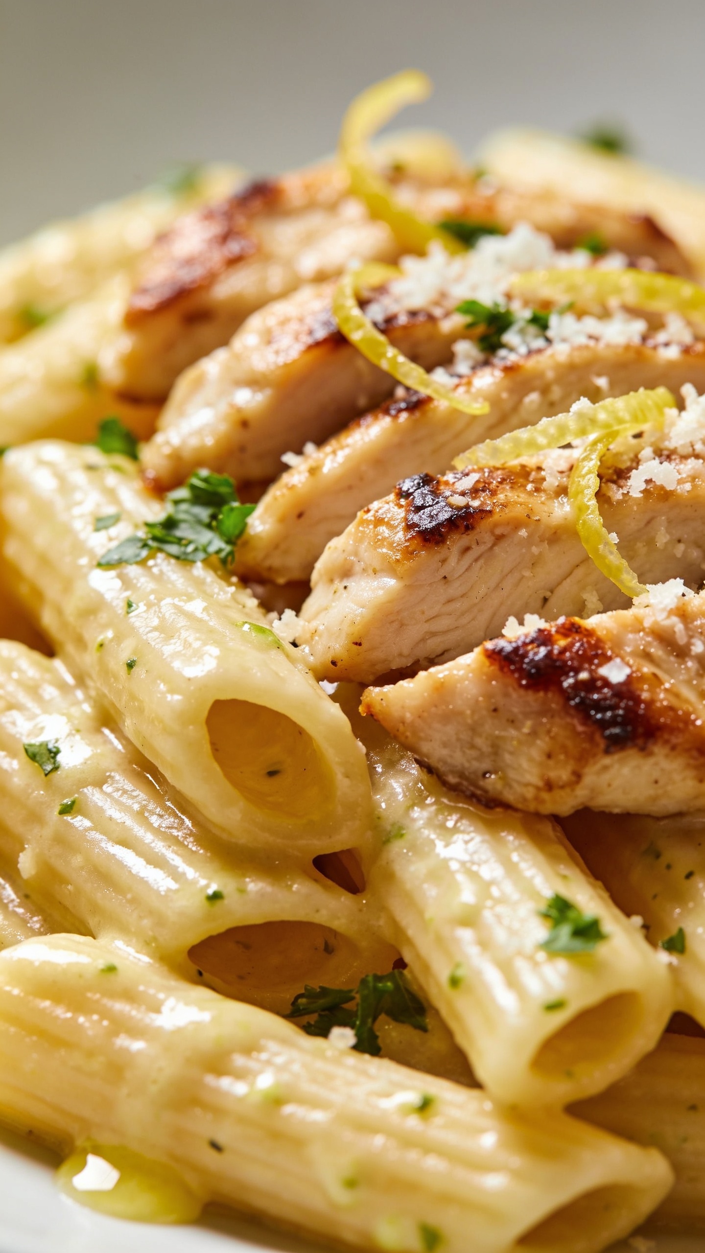 Extreme close-up from a low angle of the same finished pasta emphasizing texture and gloss: penne ridges coated in velvety lemon-garlic sauce with micro-shine, seared chicken strips with caramelized edges and visible juiciness, scattered lemon zest threads and freshly grated Parmesan catching the light, parsley flecks for vibrant green pop; a slight sauce drizzle pooling between noodles; bright natural side light, creamy bokeh, tight crop with food dominating 90–95% of the frame; neutral backdrop and minimal props to keep focus on the saucy, protein-packed pasta.