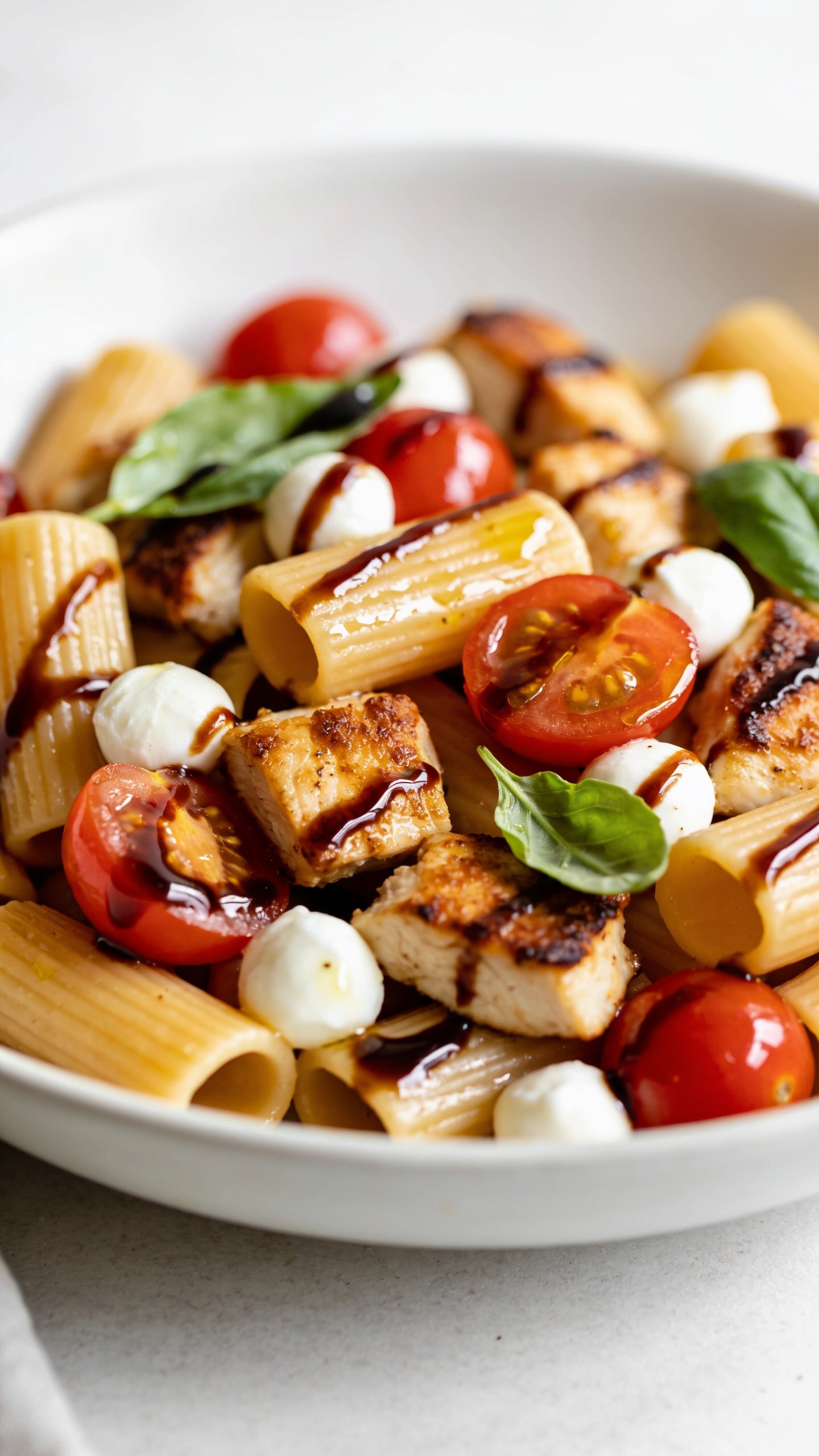 Extreme close-up hero shot of High Protein Chicken Caprese Pasta: al dente short pasta (mezzi rigatoni) tossed with juicy golden-browned chicken breast bites, halved cherry tomatoes bursting and glossy, and small mozzarella pearls just beginning to soften and melt into the pasta. Finished with a shiny drizzle of balsamic glaze and a few torn fresh basil leaves. Food fills 90–95% of the frame, plated in a wide shallow white bowl on a light, neutral surface. Bright natural side lighting, shallow depth of field with creamy bokeh, rich textures visible—olive oil sheen, browned chicken edges, glossy tomatoes, and lacquered balsamic ribbons. Color palette: warm golden pasta, caramelized chicken, vibrant red tomatoes, bright green basil, white mozzarella pearls, and deep mahogany glaze. Premium food-blog styling, no text, no hands, no props intruding.