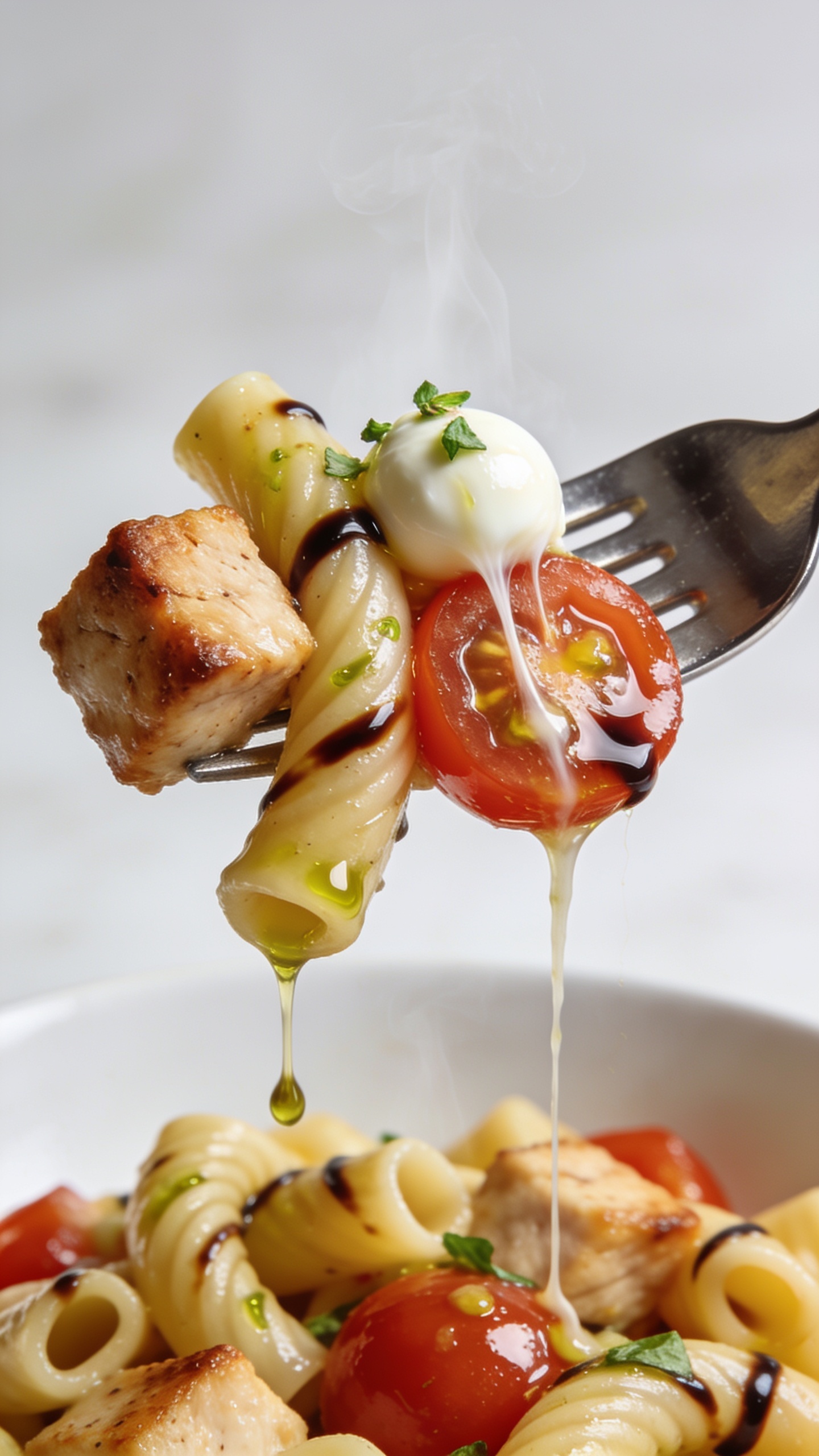 Dynamic action close-up: a polished fork lifting the perfect bite from the same High Protein Chicken Caprese Pasta—one browned, juicy chicken cube, a curved mezzi rigatoni tube coated in olive oil and balsamic glaze, a half cherry tomato glistening with juices, and a stretchy strand from a melted mozzarella pearl pulling up from the bowl. A few tiny basil flecks cling to the bite; a delicate thread of glossy balsamic glaze drips slowly from the rigatoni. Visible steam rising subtly. Background is the same shallow white bowl heaped with the pasta, filling 90–95% of the frame. Bright natural lighting, shallow depth of field, crisp focus on the lifted bite, no hands or people visible—only the fork tip and the irresistible pull of melted cheese.
