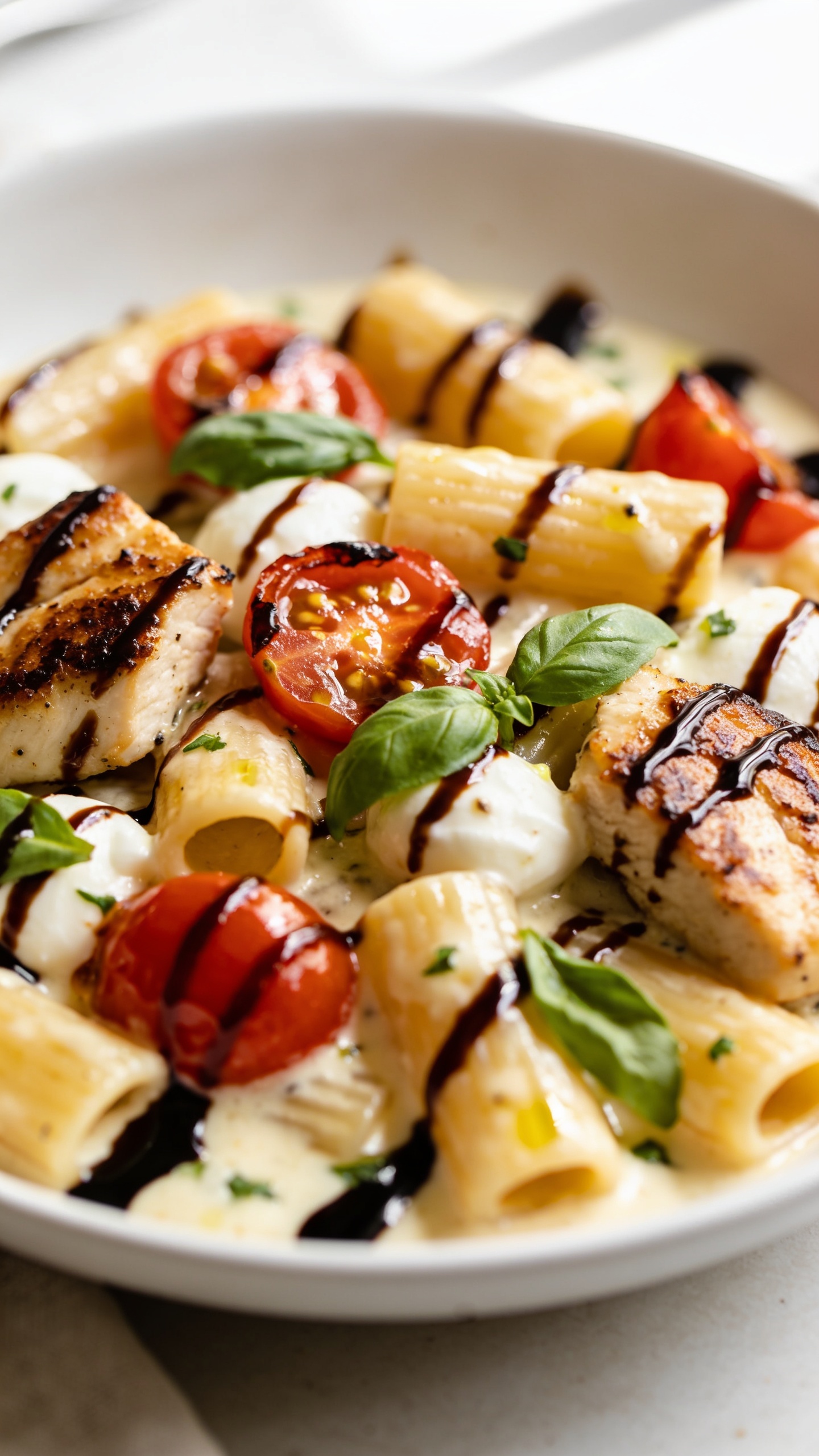 Ultra-close macro from a lower angle of the plated High Protein Chicken Caprese Pasta showing luscious textures: mezzi rigatoni with olive oil sheen, seared chicken pieces with caramelized edges, blistered cherry tomato halves releasing juices, mozzarella pearls partially melted into creamy puddles, and torn basil scattered on top. A final ribboned drizzle of thick balsamic glaze arcs across the pasta, catching light. Food dominates 90–95% of frame in the same white shallow bowl on a light surface. Bright natural window light, shallow depth of field with a soft foreground blur and tack-sharp focal plane on the saucy, cheesy center. Vibrant, fresh, premium blog aesthetic; no text, no hands, no extra props.