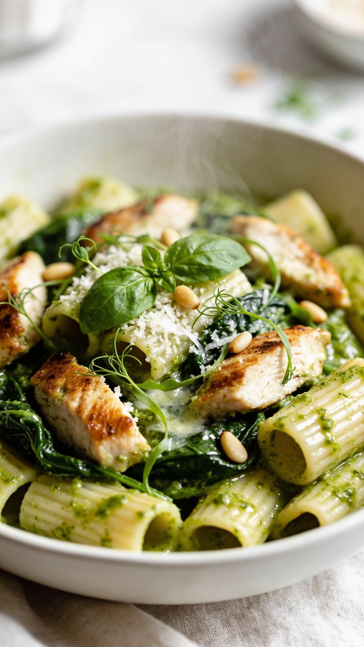 Ultra-close hero shot of High Protein Chicken Pesto Pasta: al dente short pasta (rigatoni) tossed in vivid emerald basil pesto with a glossy sheen, loaded with juicy seared chicken breast bites (golden edges, moist interior), thin ribbons of fresh spinach just wilted, and snowy grated Parmesan softly melting into the sauce; a few toasted pine nuts scattered; micro-tears of basil leaves on top; steam subtly rising; food fills 90–95% of frame in a shallow bowl; bright natural side lighting, shallow depth of field, creamy bokeh; white ceramic bowl on a light linen with minimal props out of focus; rich greens, warm chicken browns, and off-white pasta tones; premium food-blog styling, crisp detail on pesto-coated ridges of rigatoni.