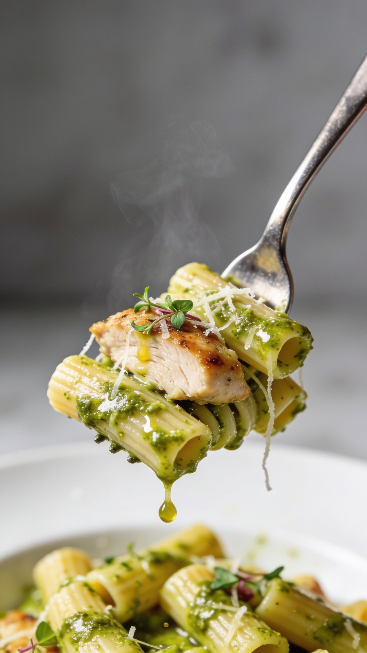Dynamic action close-up capturing the perfect bite: a polished fork lifting a twirled rigatoni stack dripping glossy basil pesto, a chunk of juicy seared chicken nestled against the pasta, tiny threads of melted Parmesan stretching slightly, and a few micro-chopped basil bits clinging to the bite; a speck of pesto oil glistening and about to fall; steam rising subtly; background shows the same pasta bowl blurred; bright natural lighting, ultra shallow depth of field; food fills 90–95% of frame; no hands, only the fork tip visible; textures of pesto, chicken sear, and Parmesan strands emphasized for maximum craveability.