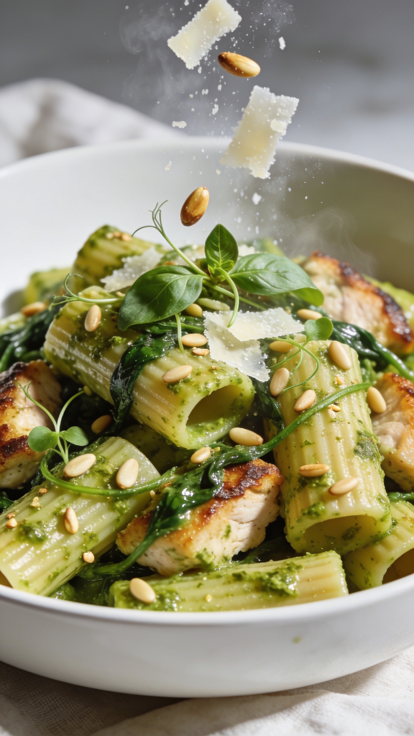Extreme close-up from a lower angle of the plated pasta emphasizing textures: rigatoni tubes heavily coated in vibrant basil pesto with visible crushed pine nuts, juicy seared chicken bites tucked between tubes, wilted spinach threads glossy from sauce, and a gentle snowfall of freshly grated Parmesan caught mid-settle (some shavings midair, frozen in motion); a few toasted pine nuts and micro basil leaves on top; bright natural backlighting to highlight gloss and steam; shallow depth of field focusing on pesto-coated ridges and chicken’s caramelized edge; food fills 90–95% of frame; clean, modern white bowl and light linen barely visible, same styling as other images.