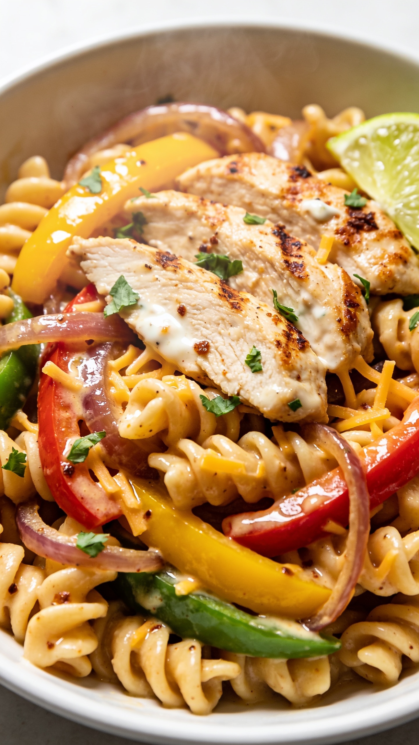 Ultra-close hero shot of High Protein Chicken Fajita Pasta: al dente short pasta (penne or rotini) coated in a glossy, creamy fajita-spiced sauce made with Greek yogurt; juicy seared chicken breast slices with light char; strips of red, yellow, and green bell peppers and tender caramelized onions; a light melt of shredded cheddar/Monterey jack threaded through the pasta; garnished with finely chopped fresh cilantro and a squeeze of lime glistening on the surface. Food fills 90–95% of frame in a shallow white bowl, bright natural side light, shallow depth of field, vivid warm tones, steam faintly visible, premium food-blog styling on a light neutral background; crispy browned bits and creamy sheen emphasized.