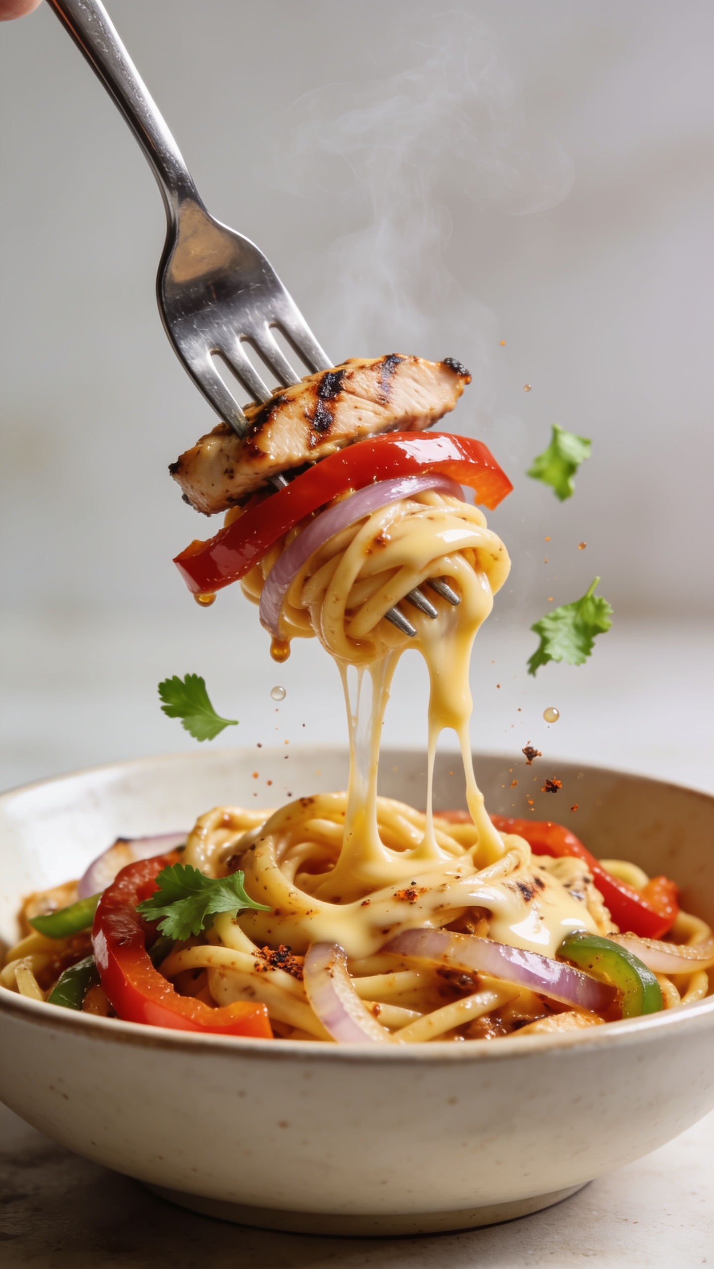 Dynamic action close-up: a polished fork lifting the perfect bite one inch above the bowl—twirls of creamy fajita-coated pasta wrapped around the tines, a juicy charred slice of chicken speared on the fork, a strip of glossy red bell pepper and sliver of onion draped over, melted cheese stretching in a few silky strands back to the bowl; tiny flecks of smoky spice visible, micro-beads of sauce clinging, a few fresh cilantro leaves gently falling mid-air toward the bowl. Bright natural lighting, shallow depth of field, 90–95% frame filled with food, background softly blurred, steam subtly rising to convey heat, colors saturated and mouthwatering.