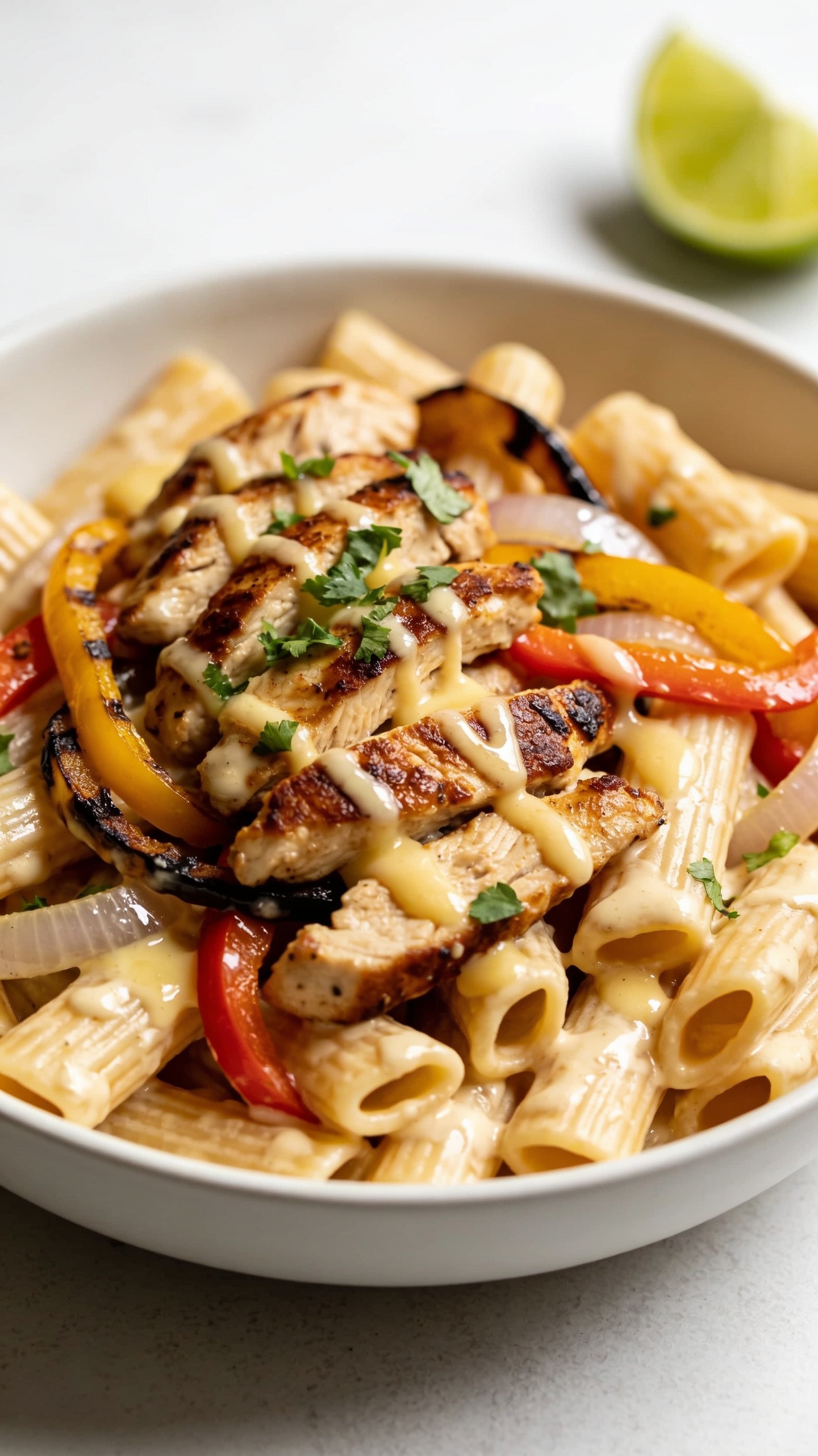 Ultra-tight detail angle from slightly above: the same finished pasta heaped in a shallow white bowl, creamy sauce pooled and clinging to ridges of penne, seared chicken strips with browned edges nestled among charred tri-color bell peppers and translucent onions; light golden cheese melted into glossy ribbons; a final sprinkle of chopped cilantro and a faint sheen from a just-squeezed lime wedge off-frame. Bright natural light, shallow depth of field, warm highlights on sauce, crisp textures and char marks emphasized, 90–95% frame filled with food, cohesive premium food-blog styling matching the other images.