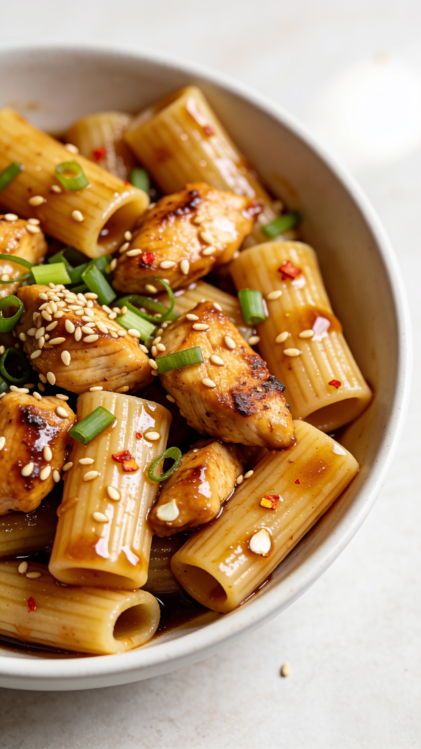 Extreme close-up hero shot of high-protein honey garlic chicken pasta: al dente rigatoni coated in a glossy honey-garlic sauce, tossed with juicy golden-brown seared chicken bites, thinly sliced green onions, and a sprinkle of toasted sesame seeds. Sauce clings to the ridges and pools lightly in the rigatoni tubes. A few flecks of minced garlic and red pepper flakes are visible in the glaze. Shot slightly overhead at a 45-degree angle, food filling 90–95% of the frame in a shallow matte white bowl on a light neutral surface. Bright natural side lighting, shallow depth of field, bokeh on the edges, highlights catching the lacquered sauce for a premium food-blog look—no text, no hands, same dish styling across images.