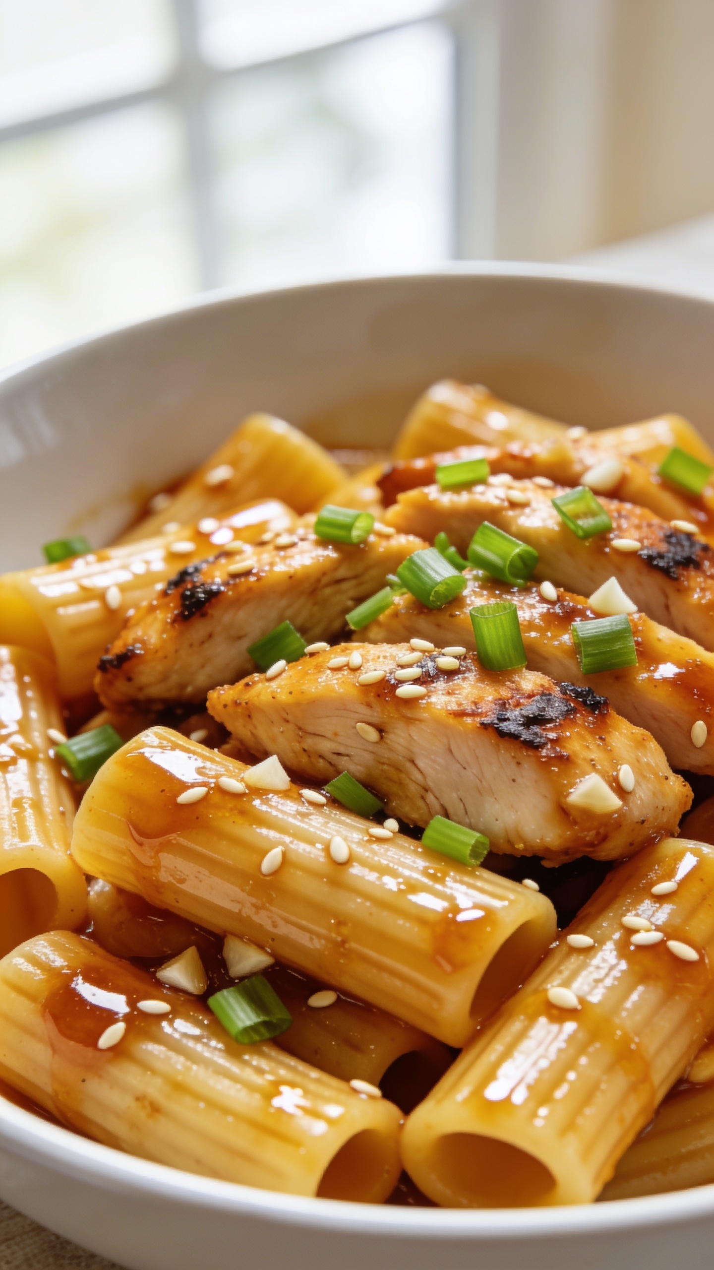 3. Ultra-tight macro from a low 3/4 angle focusing on texture: rigatoni ridges lacquered with the sticky honey-garlic glaze, seared edges of chicken showing light char and juiciness, tiny garlic bits and sesame seeds embedded in the sauce, and a final scatter of fresh green onion slices. A light extra drizzle of glossy sauce glistens across the top pasta pieces. Food fills 90–95% of the frame in the same shallow white bowl, with bright natural window light creating soft specular highlights and a creamy background blur. Vibrant golden-brown chicken, amber sauce, and fresh green pops create a premium, craveable look consistent with images 1 and