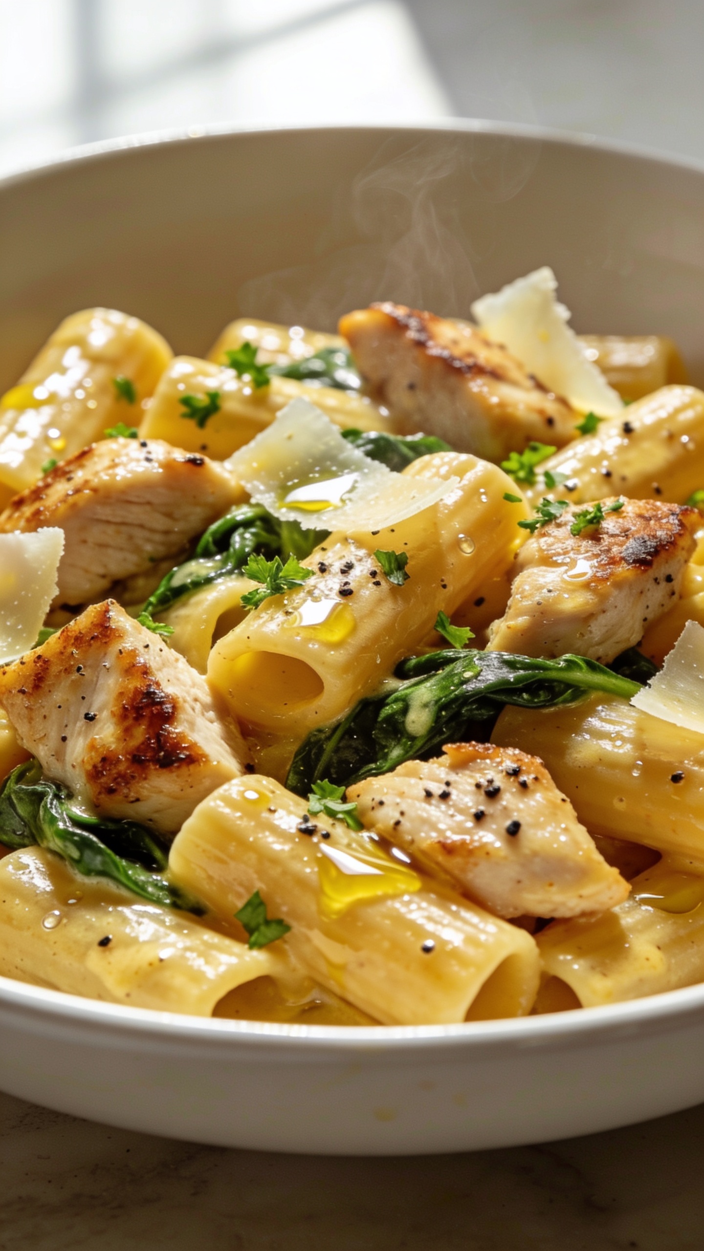 Ultra close-up hero shot of High Protein Garlic Butter Chicken Pasta: al dente rigatoni coated in glossy golden garlic-butter sauce, generous seared chicken breast bites with light caramelized edges, ribbons of wilted spinach tucked between pasta, a few shaved Parmesan curls melting into the sauce, and a final glisten of olive oil; sprinkled with finely chopped fresh parsley and cracked black pepper. Plated in a wide, shallow white bowl that fills 90–95% of the frame, bright natural window light from the left, soft shadows on the right, shallow depth of field with only the front third tack-sharp, visible micro-beading of butter on the pasta, steam subtly rising, premium food-blog styling with a warm, inviting color palette.