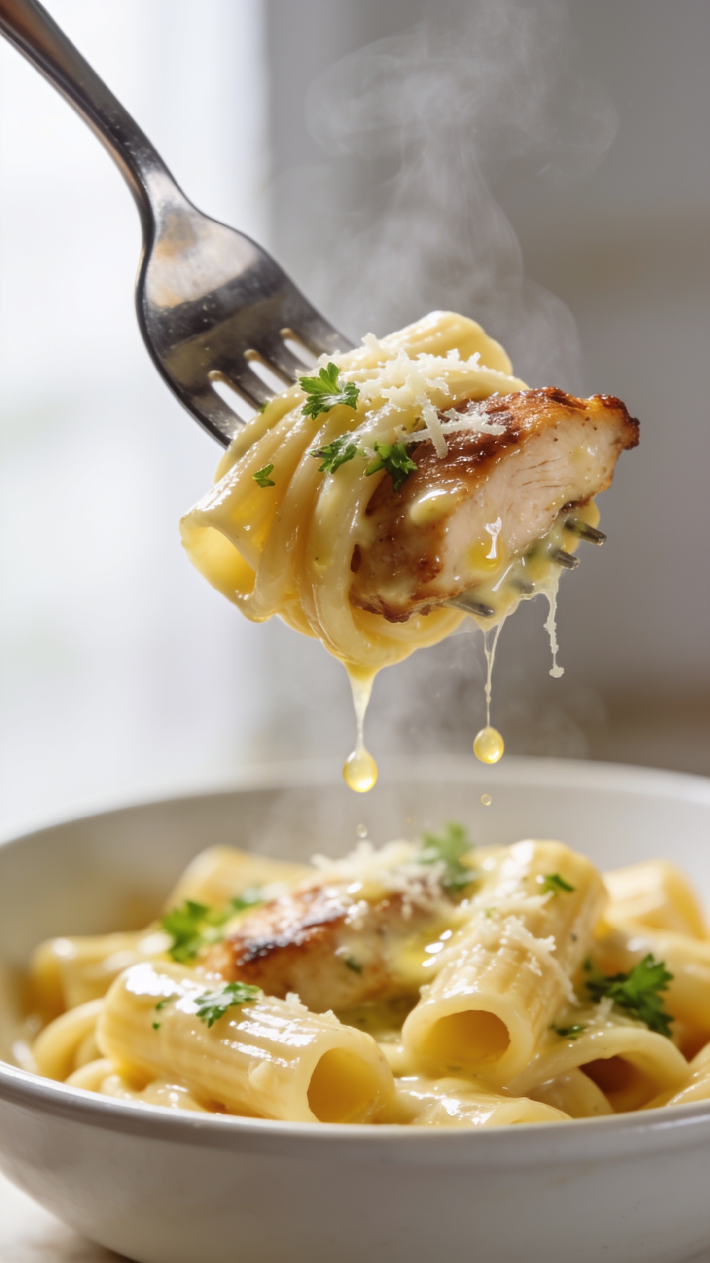 Dynamic action close-up capturing the single most irresistible bite: a polished stainless-steel fork lifting a perfect twirl of rigatoni slick with glossy garlic-butter sauce, one juicy browned chicken piece nestled in, a veil of melted Parmesan stretching slightly, flecks of parsley clinging, and tiny droplets of butter sauce suspended mid-air; background shows the same white bowl filled with the pasta blurred out, steam rising, bright natural light from the left, shallow depth of field emphasizing the forkful, food filling 90–95% of the frame, no hands visible, movement frozen one second before the bite.