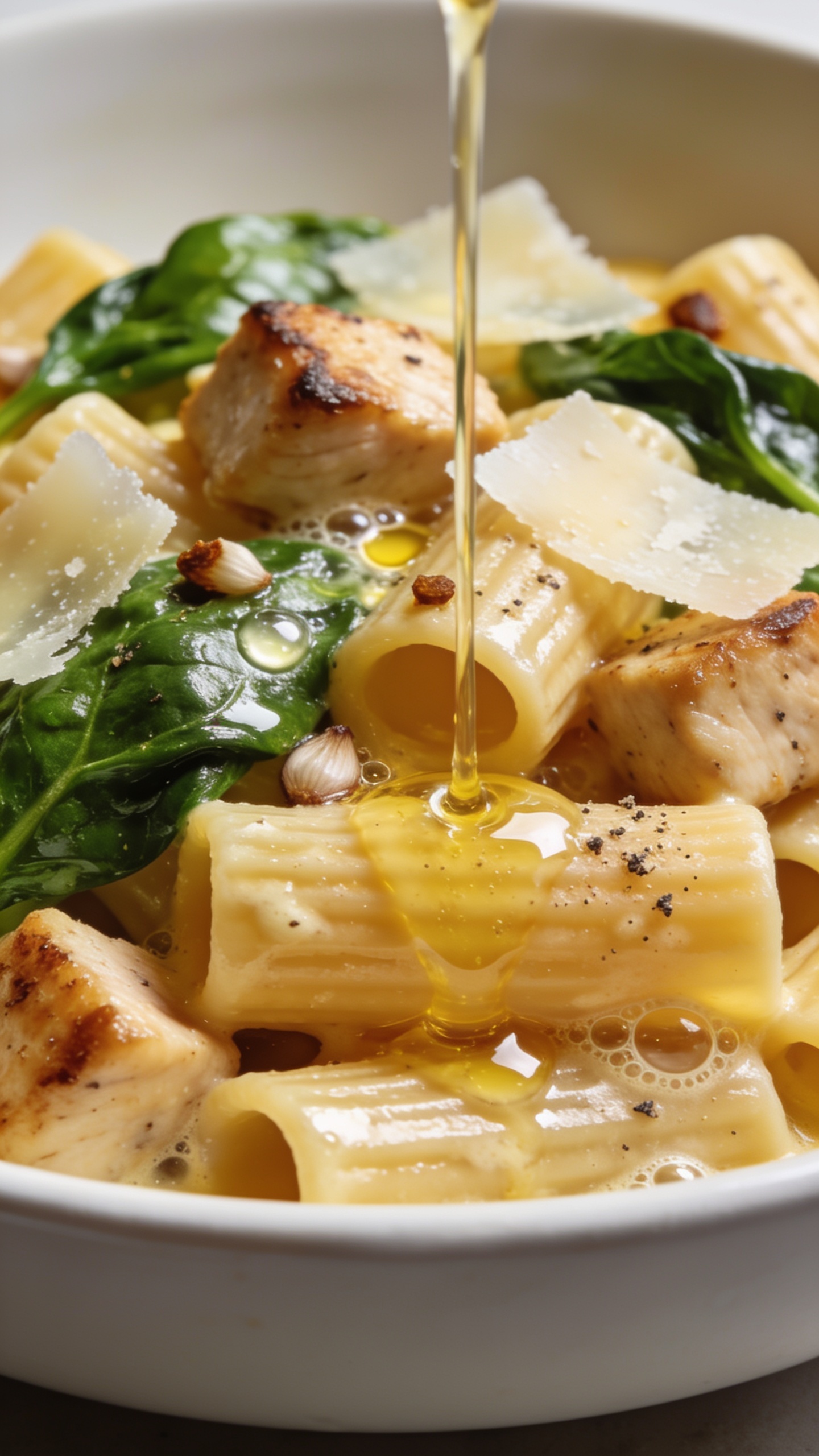 Extreme close-up from a low 3/4 angle focusing on texture: seared chicken cubes nestled among rigatoni, sauce pooling in pasta ridges, tiny browned garlic bits and micro-bubbles of butter glistening, spinach leaves glossy and vibrant, a few larger Parmesan shavings softening on contact; slight drizzle of garlic butter frozen mid-pour over the front row of pasta to amplify sheen, sprinkled with cracked pepper crystals. Shot in bright natural light with shallow depth of field, the white bowl nearly edge-to-edge in frame, rich golden tones and fresh green accents, premium restaurant-quality styling.