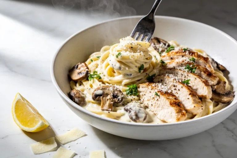 High Protein Chicken Mushroom Alfredo Pasta