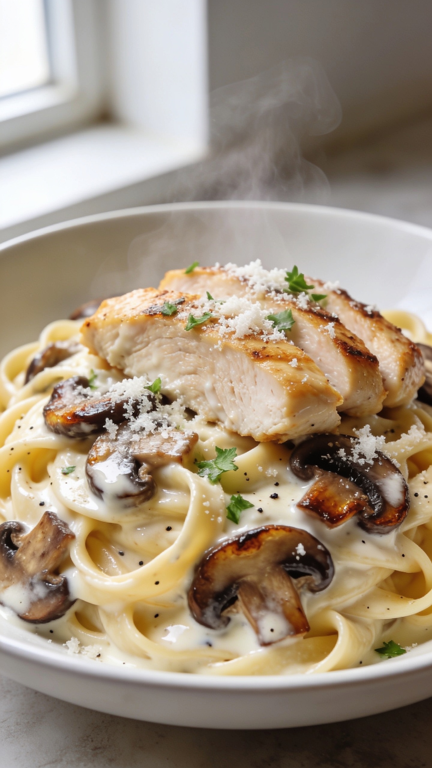 Ultra-close hero shot of High Protein Chicken Mushroom Alfredo Pasta: al dente fettuccine swirled into glossy ribbons, coated in a velvety Parmesan–Greek yogurt Alfredo; seared golden chicken breast slices nestled on top; deeply browned cremini mushrooms with caramelized edges scattered throughout; a light snowfall of freshly grated Parmesan and a sprinkle of chopped parsley; a few visible flecks of black pepper; sauce clinging to every strand with a gentle sheen; steam subtly rising; plated in a wide, shallow white bowl. Bright natural window light from the left, clean neutral background, shallow depth of field to blur edges, food filling 90–95% of frame, premium food-blog styling, no text.