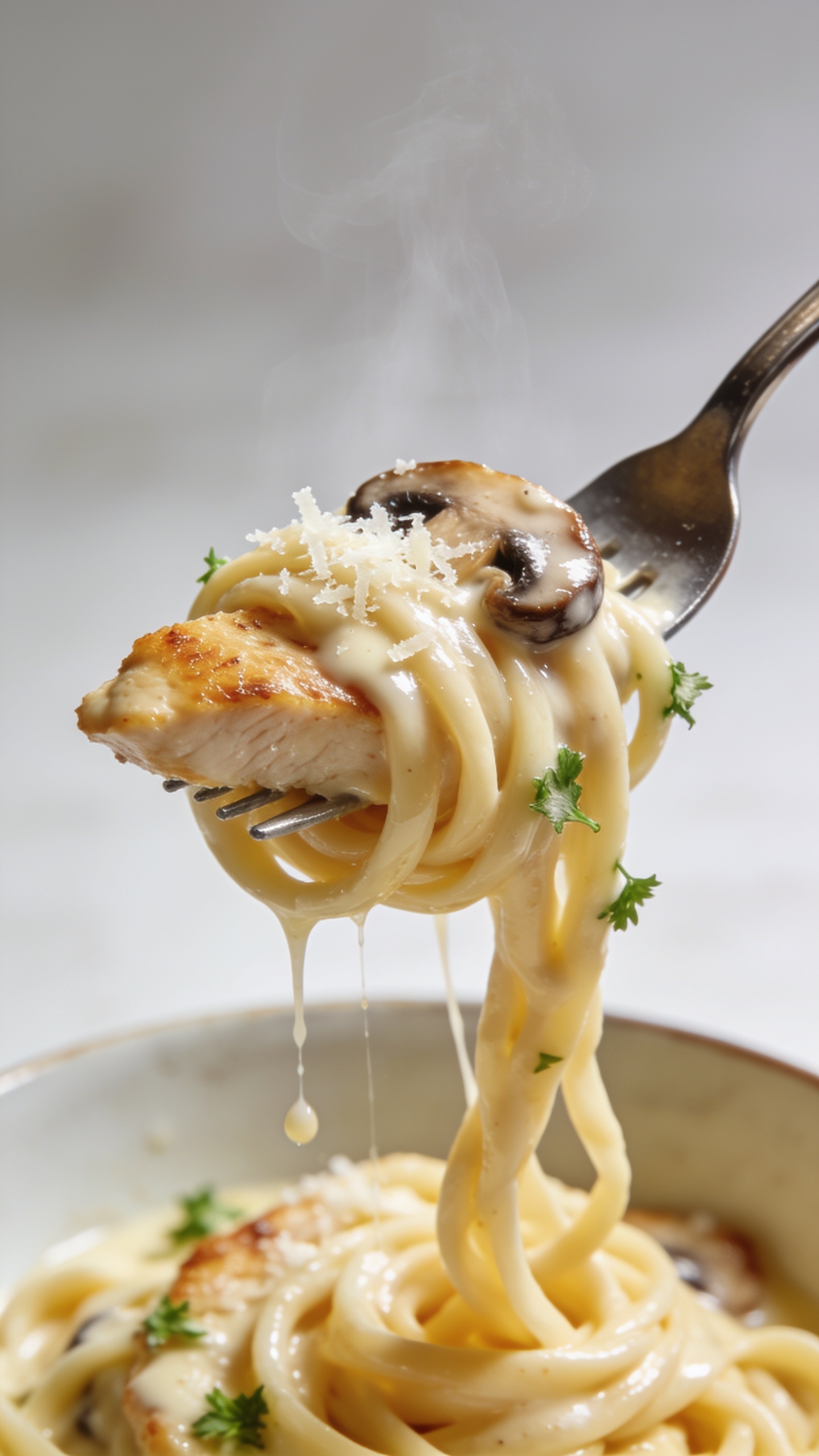 Dynamic action bite: a polished fork lifting the perfect twirl of glossy fettuccine Alfredo with one golden-seared chicken slice and a caramelized mushroom cap tangled in the creamy sauce; micro-shreds of Parmesan still melting on contact; tiny droplets of sauce stretching in thin ribbons from the bowl to the fork; a few parsley bits clinging to the noodles; visible steam rising. Background bowl of the same pasta remains softly blurred in the lower frame, bright natural side light, ultra close-up, shallow depth of field, food filling 90–95% of frame, no hands, only the fork visible, premium magazine cover energy, no text.