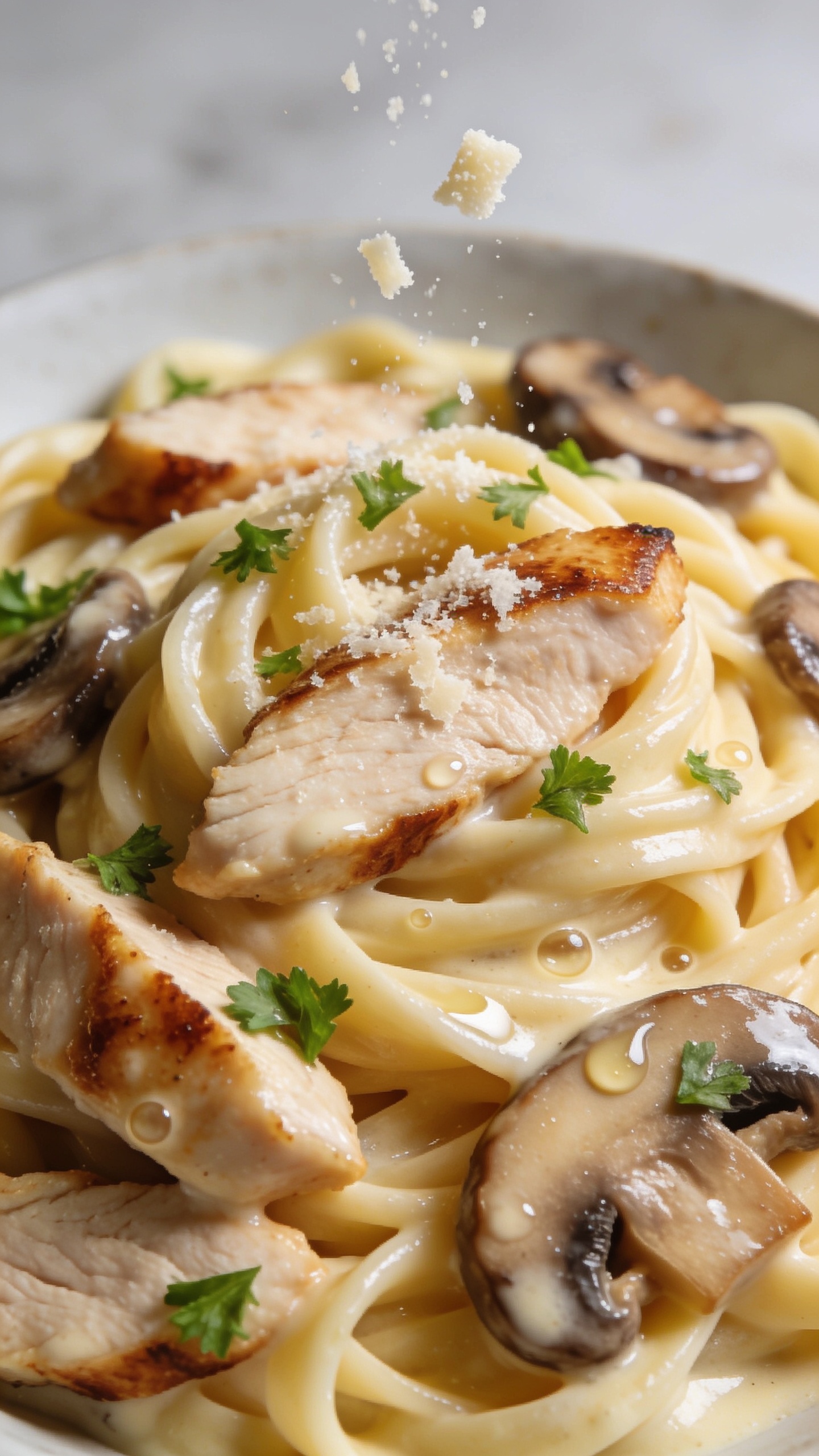 Extreme close-up angle from slightly overhead of the same plated pasta: dense twirls of fettuccine lacquered in silky Alfredo with a satiny sheen; mosaic of juicy chicken slices with browned edges; meaty mushrooms glistening; a final shower of grated Parmesan captured mid-fall, a few flakes in motion above the surface; scattered fresh parsley for vibrant green contrast; tiny beads of sauce pooling lightly in pasta folds. Bright natural lighting, shallow depth of field emphasizing textures, neutral background blur, food filling 90–95% of frame, cohesive styling with image 1 and 2, no text.