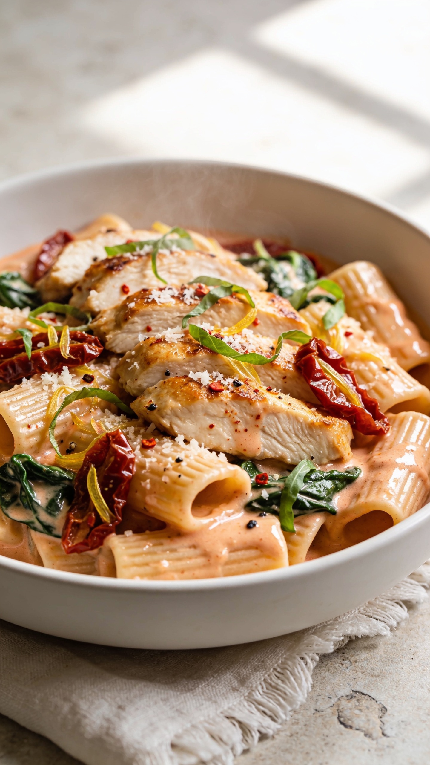Ultra-close hero shot of a shallow white bowl filled 90–95% of frame with creamy sun-dried tomato chicken pasta: al dente ridged pasta (rigatoni) coated in a glossy, velvety blush-colored sun-dried tomato cream sauce, generously studded with juicy golden-seared chicken breast slices, thin ribbons of oil-packed sun-dried tomatoes, and wilted spinach. Finish with a shower of freshly grated Parmesan, tiny droplets of chili flakes, cracked black pepper, and a scatter of bright basil ribbons. Sauce glistens in bright natural window light with soft shadows, steam subtly visible, shallow depth of field isolating the front third of the pasta, premium food-blog styling on a light linen with a neutral stone background. No text.
