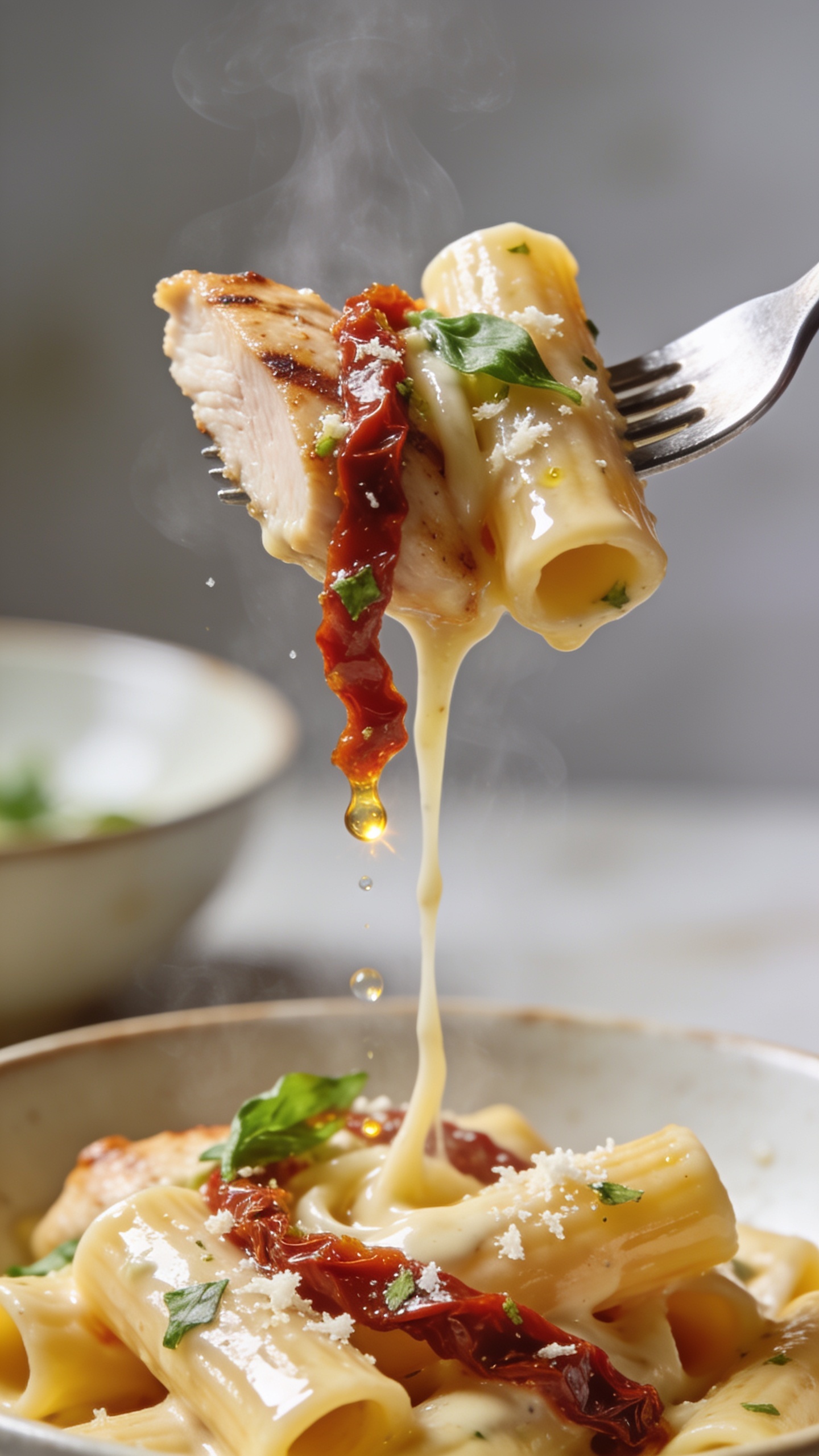 Dynamic action close-up capturing a fork lifting the perfect bite of the same creamy sun-dried tomato chicken pasta one second before the mouth: a few glossy rigatoni tubes twirled with a tender slice of seared chicken and a strand of sun-dried tomato, flecks of basil and Parmesan clinging, sauce stretching in a silky ribbon from the fork back to the bowl. Steam rising gently, micro-beads of oil from the sun-dried tomatoes catching highlights, background bowl softly blurred. Bright natural lighting, shallow depth of field, 90–95% food framing, premium magazine-style anticipation. Only the fork tip visible, no hands.