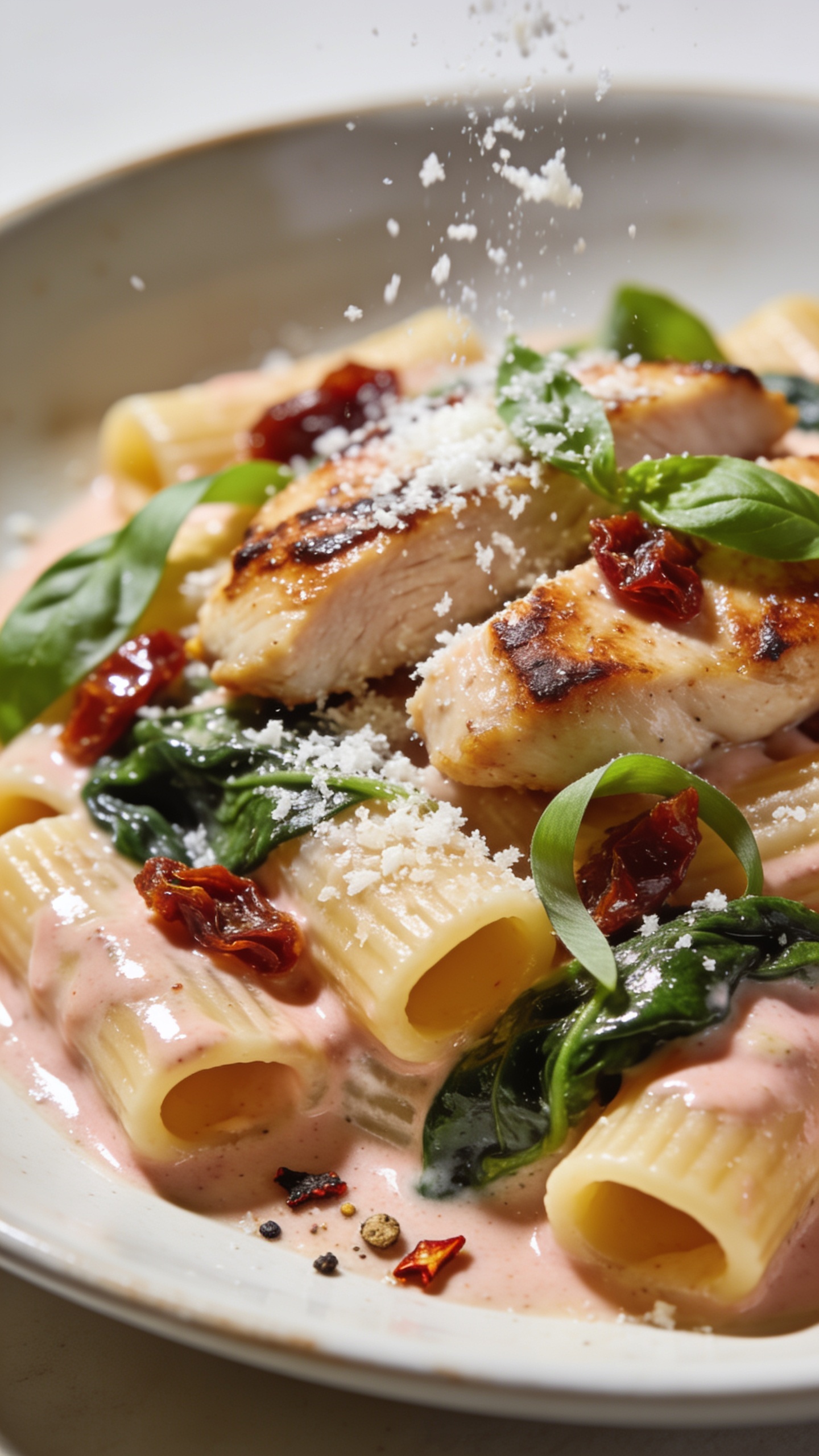 Extreme close-up from a low 3/4 angle of the same plated pasta focusing on textures: caramelized edges on chicken slices, sun-dried tomato bits gleaming in the creamy blush sauce pooled inside rigatoni, spinach leaves glossy and wilted, fresh basil ribbons and a snowfall of finely grated Parmesan melting into the sauce. A few chili flakes and cracked pepper granules visible, sauce sheen highlighted by bright natural side light, very shallow depth of field with the front pasta in tack-sharp focus and the rest softly blurred. Clean, neutral backdrop, 90–95% frame filled with the dish, cohesive with the hero and action shots.
