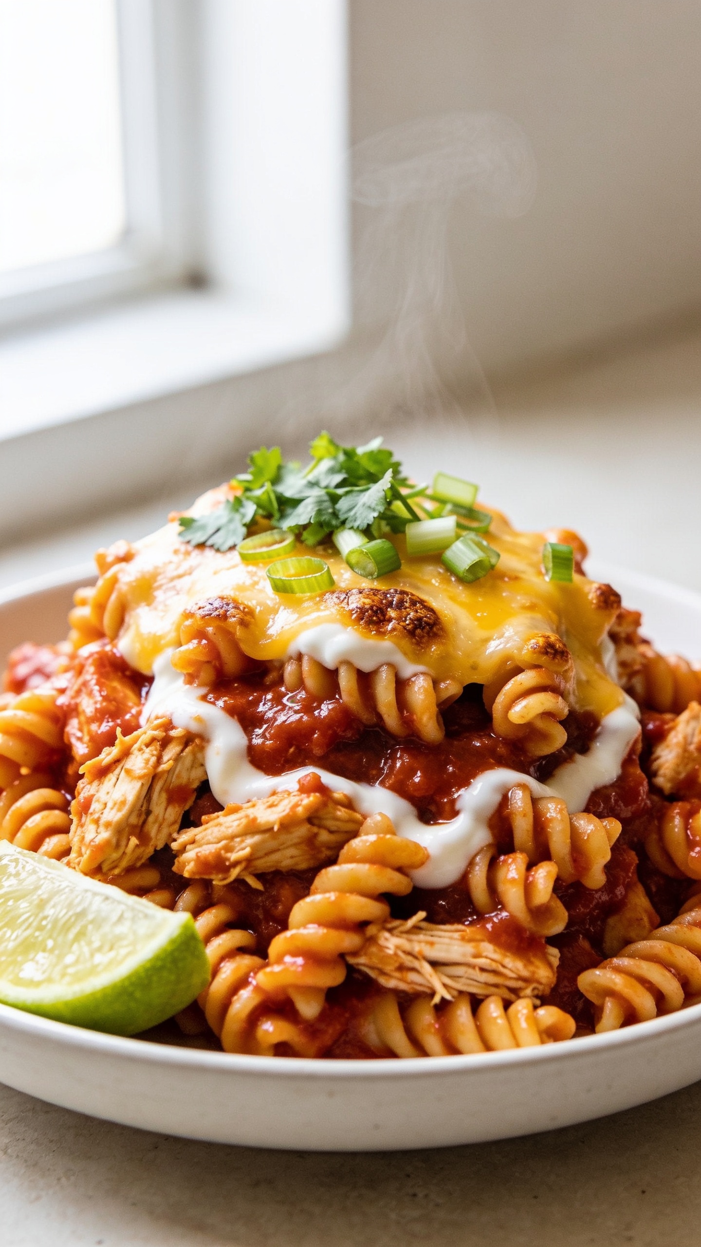 Ultra-close hero shot of High Protein Chicken Enchilada Pasta piled high in a shallow white bowl, filling 90–95% of the frame. Twisted rotini (or penne) coated in glossy deep-red enchilada sauce, chunks of juicy shredded chicken throughout, a creamy swirl visible from Greek yogurt melding into the sauce, and a bubbling layer of lightly melted cheddar/Monterey Jack with a few crispy browned cheese edges. Garnish with finely chopped cilantro, thinly sliced green onions, and a squeeze-glossed lime wedge tucked to the side. Bright natural window light from the left, subtle steam rising, shallow depth of field that keeps the front third tack-sharp and background creamy, premium food-blog styling on a neutral, matte ceramic plate with minimal props.