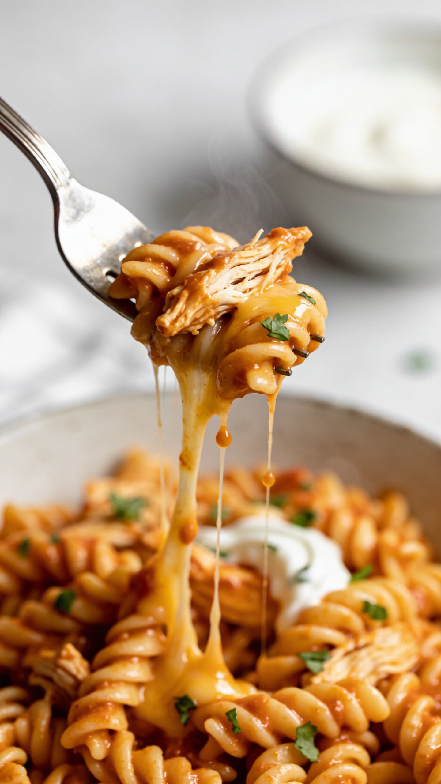 Dynamic action close-up: a polished dinner fork lifting the perfect bite of the finished High Protein Chicken Enchilada Pasta one second before it reaches the mouth. The fork holds twirled saucy pasta, a tender strand of shredded chicken, and stretchy melted cheese pulling a few glossy strands from the bowl below. Tiny flecks of cilantro cling to the sauce; a hint of creamy yogurt swirl peeks between noodles; a few droplets of enchilada sauce glisten mid-stretch. Food fills 90–95% of the frame, bright natural lighting, shallow depth of field with the lifted bite in razor focus, background bowl softly blurred, subtle steam visible, no hands or people.