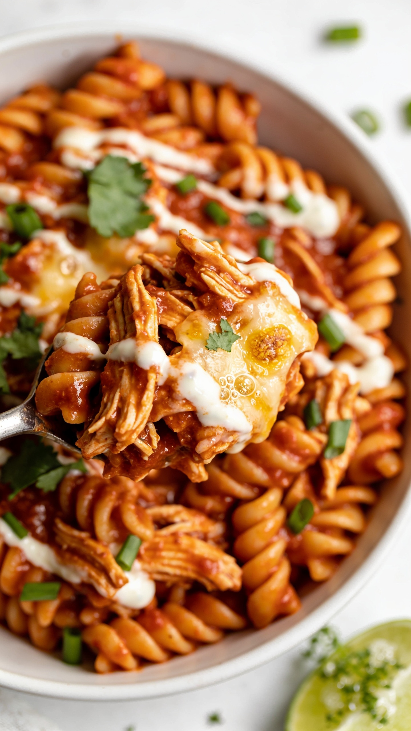Extreme close-up beauty angle from slightly overhead, focused on textures: a heaping scoop of the same High Protein Chicken Enchilada Pasta in a rimmed white bowl, food filling 90–95% of frame. Emphasize glossy brick-red sauce coating every noodle, juicy shreds of chicken interlaced, creamy streaks from Greek yogurt marbled through the sauce, and pockets of melted cheese with lightly blistered golden edges. Fresh cilantro and green onion scattered, a micro-spritz sheen on a lime wedge in the corner. Bright natural side light, shallow depth of field highlighting saucy shine and cheese bubbles, premium blog styling with a warm, inviting color palette.