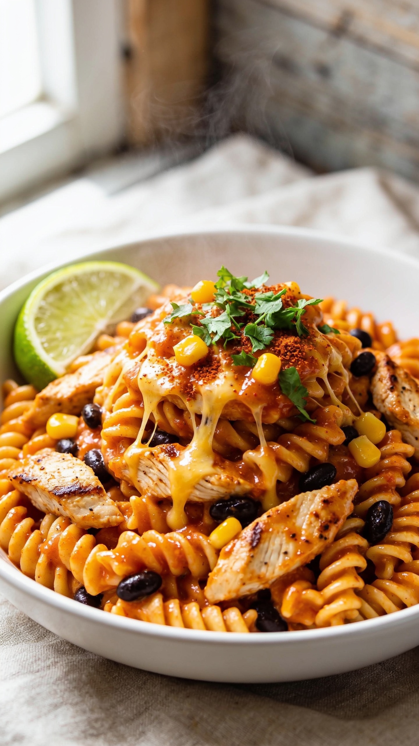 Ultra-close hero shot of High Protein Chicken Taco Pasta in a wide, shallow white bowl, filling 90–95% of the frame. Al dente high‑protein rotini coated in a glossy, creamy tomato-taco sauce with visible specks of seasoning, juicy seared chicken breast pieces tossed throughout, pockets of melted Mexican-blend cheese lightly stringing between noodles, topped with a sprinkle of finely chopped fresh cilantro and a few bright corn kernels and black bean accents. Garnish with a wedge of lime tucked at the rim and a light dusting of chili powder. Bright natural window light from the left, soft shadows, shallow depth of field focusing on the center mound of pasta, background a blurred neutral linen and faint rustic wood. Sauce sheen and steam subtly rising to suggest fresh plating; colors vibrant and warm.