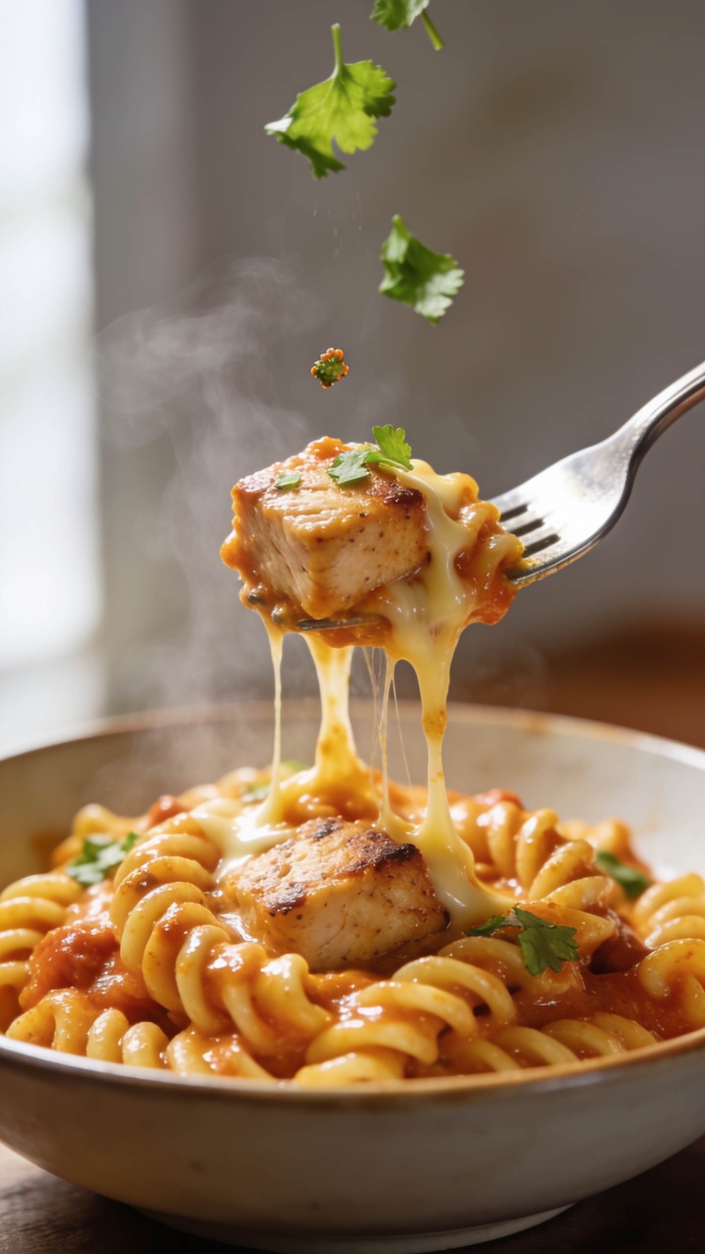 Dynamic action close-up of the same High Protein Chicken Taco Pasta: a polished fork lifting the perfect bite one inch above the bowl—twirled rotini glossy with creamy taco-tomato sauce, a tender cube of seared chicken nestled in, strands of melted cheese stretching gently from the fork back to the bowl. Micro-chopped cilantro leaves drifting down mid-air, a couple of flecks caught on the lifted bite. Steam visible, bright natural lighting from the left, shallow depth of field isolating the lifted fork and bite, background and bowl softly blurred. Food fills 90–95% of the frame; no hands visible, just the fork and the tantalizing, saucy, cheesy bite.