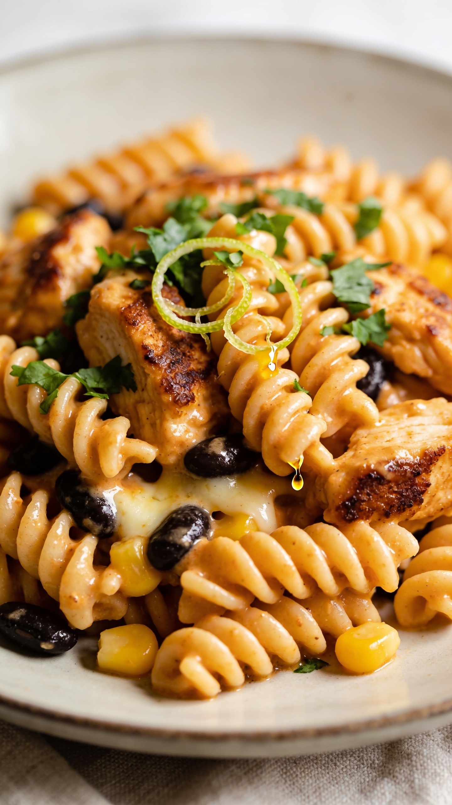 Tight macro angle from slightly overhead on the same plated pasta, emphasizing rich textures: spirals of rotini glistening with creamy taco sauce, browned edges of chicken pieces, pools of melted cheese nestled between noodles, a few black beans and sweet corn for contrast, finely chopped cilantro scattered on top, and a delicate swirl of lime zest for brightness. A tiny drizzle of sauce clings to a noodle edge, catching the light. Bright natural lighting, shallow depth of field with crisp focus on the center cluster, background a softly blurred neutral plate rim and linen. Food dominates 90–95% of the frame, colors punchy yet natural, premium food-blog styling consistent with the hero image.
