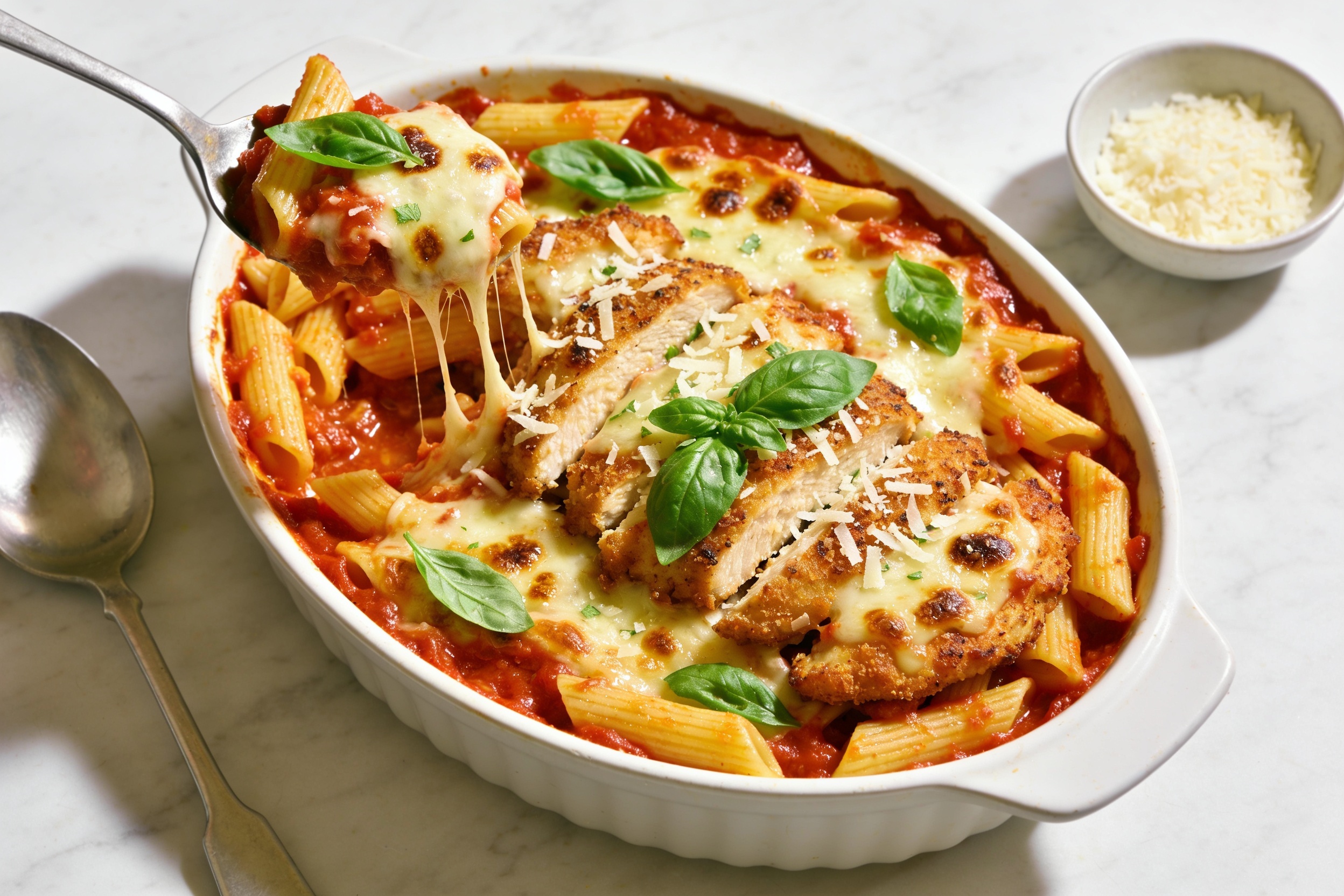 High Protein Chicken Parmesan Pasta Bake