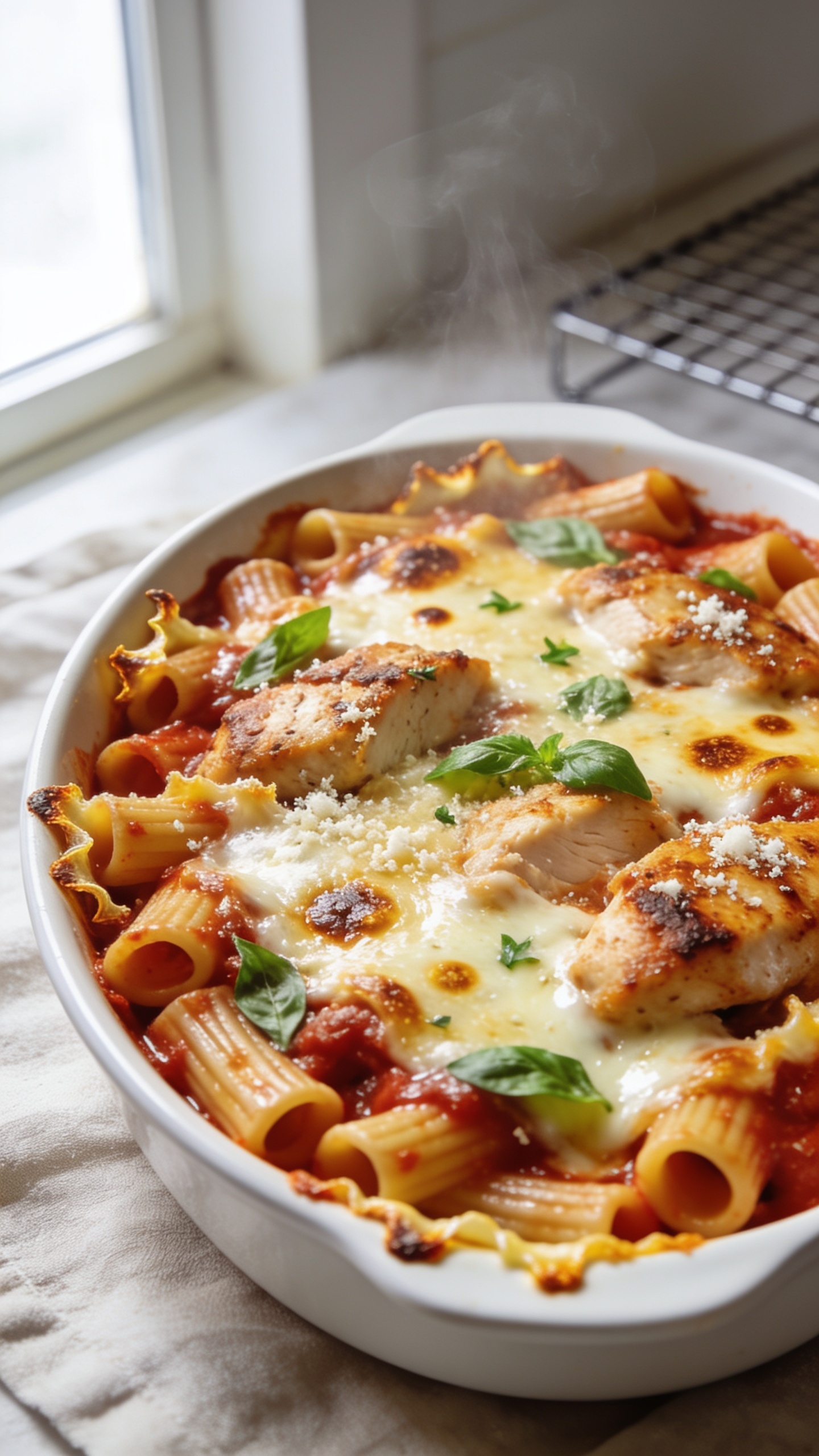 Ultra-close hero shot of a High Protein Chicken Parmesan Pasta Bake in a white oval casserole, filling 90–95% of frame: spiraled high-protein pasta tubes swaddled in glossy, brick-red marinara, chunks of juicy baked chicken breast, a bubbling golden-brown blanket of melted part-skim mozzarella with scattered broiled crispy edges, light dusting of grated Parmesan, and bright flecks of fresh basil. Cheese is slightly blistered with caramelized spots; sauce clings to pasta; edges show crisped cheese frills. Bright natural window light from left, shallow depth of field, blurred neutral linen and a faint hint of a cooling rack in background. Colors vibrant, textures rich, steam subtly rising.