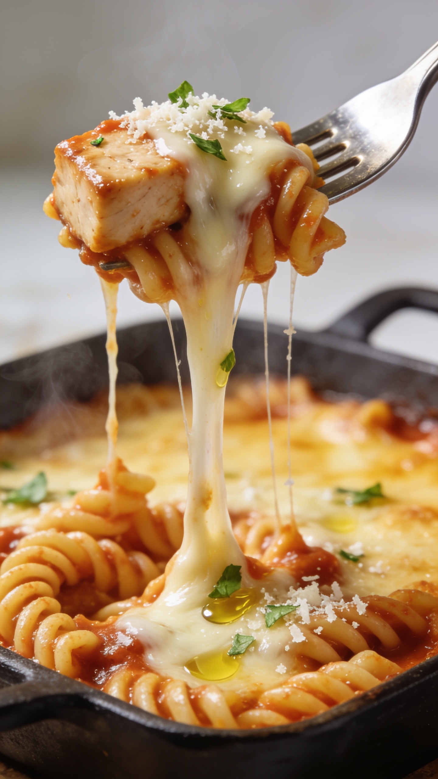 Dynamic action close-up capturing the single most irresistible bite: a polished fork lifting a perfect mouthful from the same casserole—twisty high-protein pasta coated in glossy marinara, a tender cube of chicken breast, and molten mozzarella stretching in long gooey strands from the pan to the fork. Parmesan microflakes visible on the cheese, tiny basil confetti on top, a glisten of olive oil on the sauce. The bake fills 90–95% of the frame with the fork entering from the side; no hands visible. Bright natural lighting, shallow depth of field, background softly blurred with just the golden-cheesy surface below; faint wisps of steam for fresh-from-oven warmth.